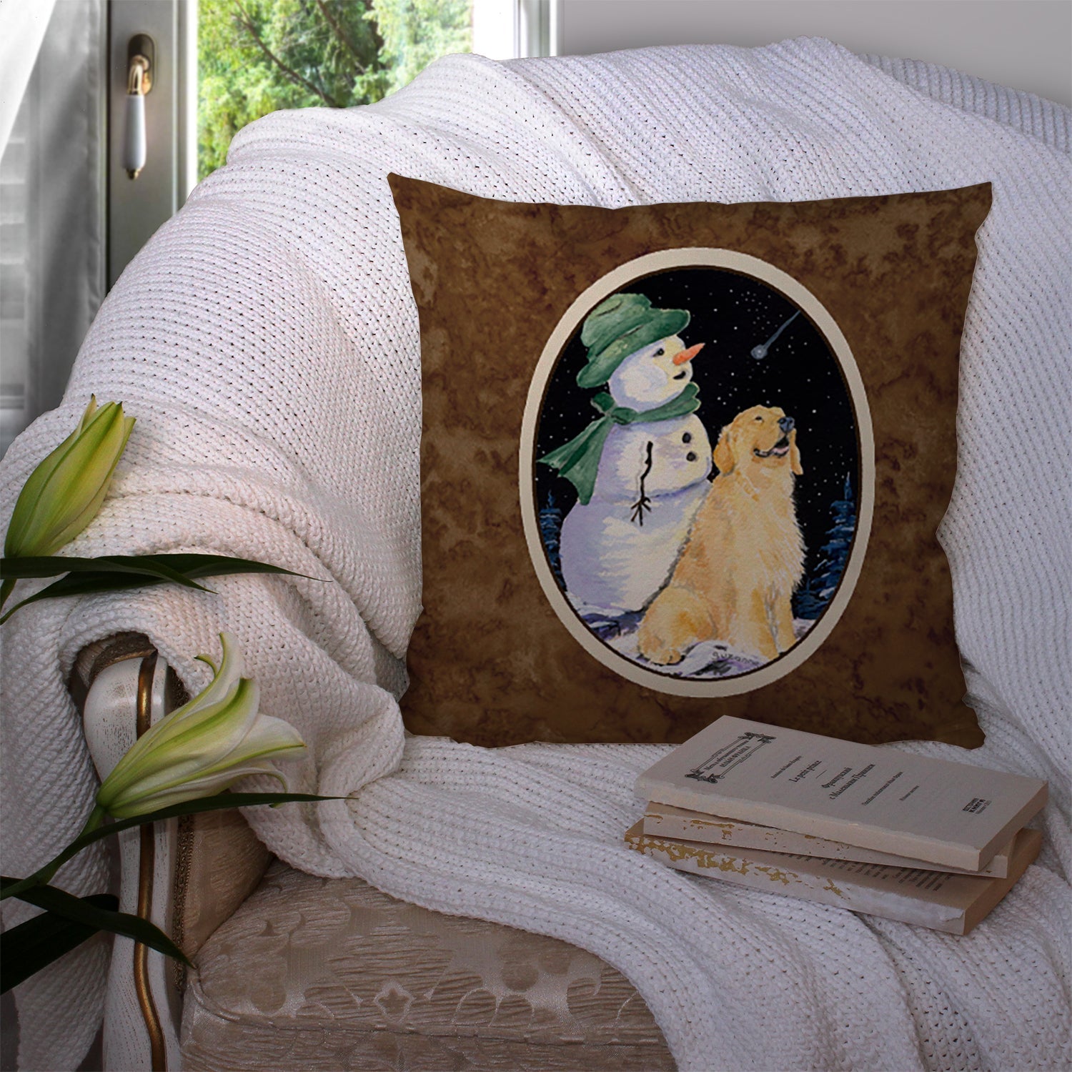 Golden Retriever Decorative Throw Pillow 14x14 Indoor Outdoor Accent Cushion, Fabric Cover with Insert for Sofa, Bed, Porch & Living Room