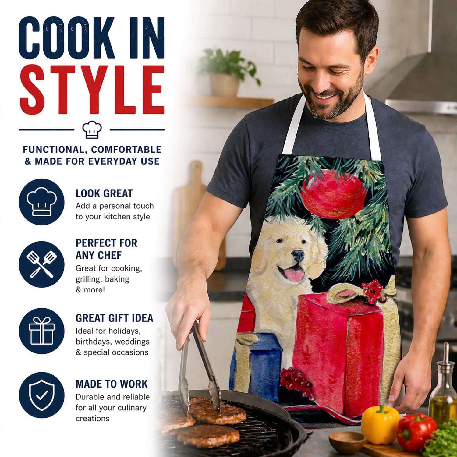 Golden Retriever Apron Cooking Kitchen Server Baking Crafts Gardening for Adult Women Men, Unisex, Large, Multicolor