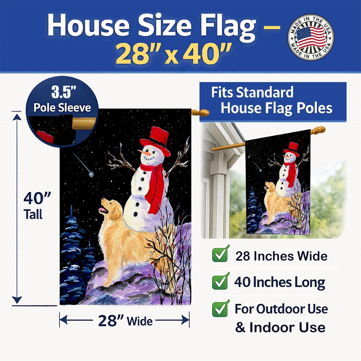 Golden Retriever House Flag 28x40 Porch Sleeve Pole Decorative Outside Yard Banner Artwork Wall Hanging, Polyester