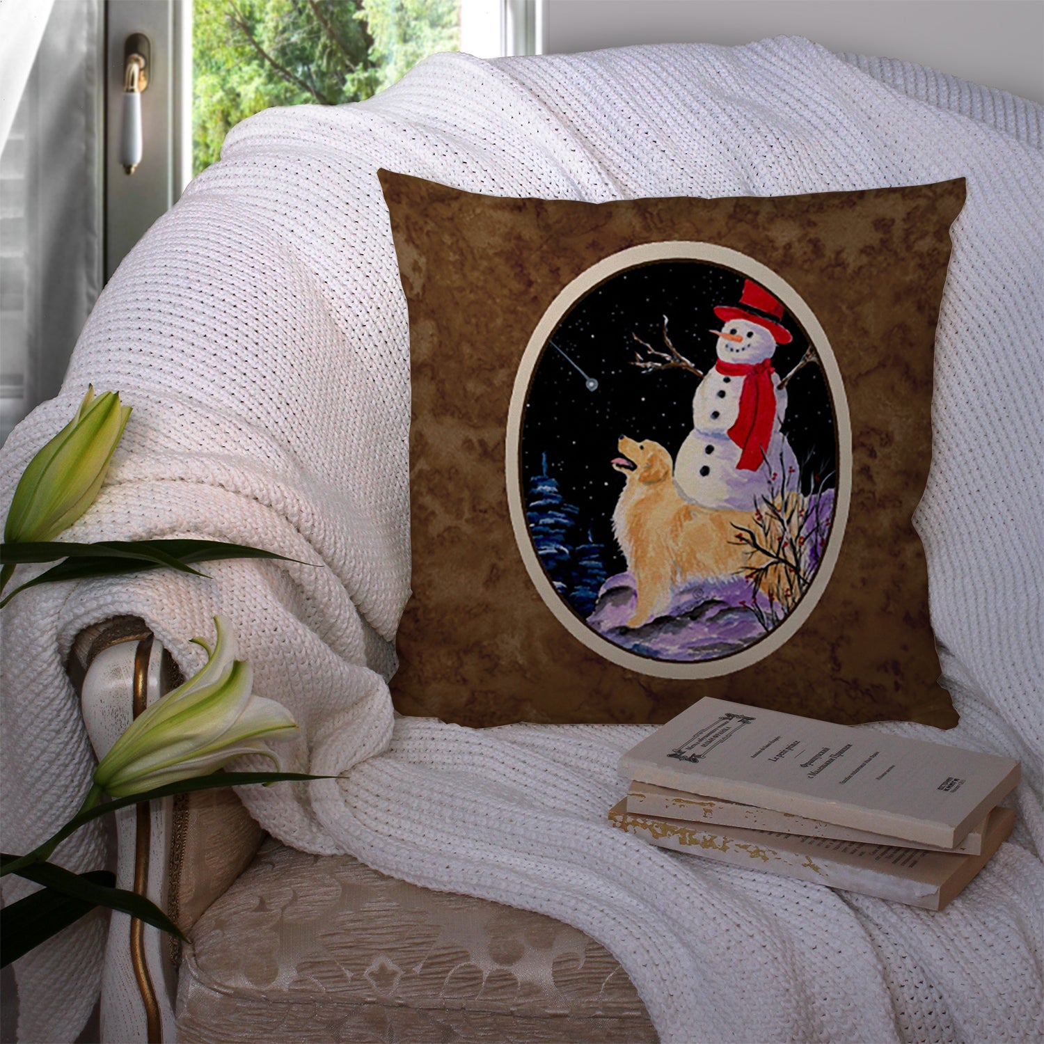 Golden Retriever Decorative Throw Pillow 14x14 Indoor Outdoor Accent Cushion, Fabric Cover with Insert for Sofa, Bed, Porch & Living Room