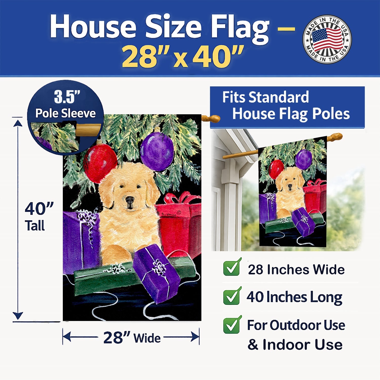 Golden Retriever House Flag 28x40 Porch Sleeve Pole Decorative Outside Yard Banner Artwork Wall Hanging, Polyester