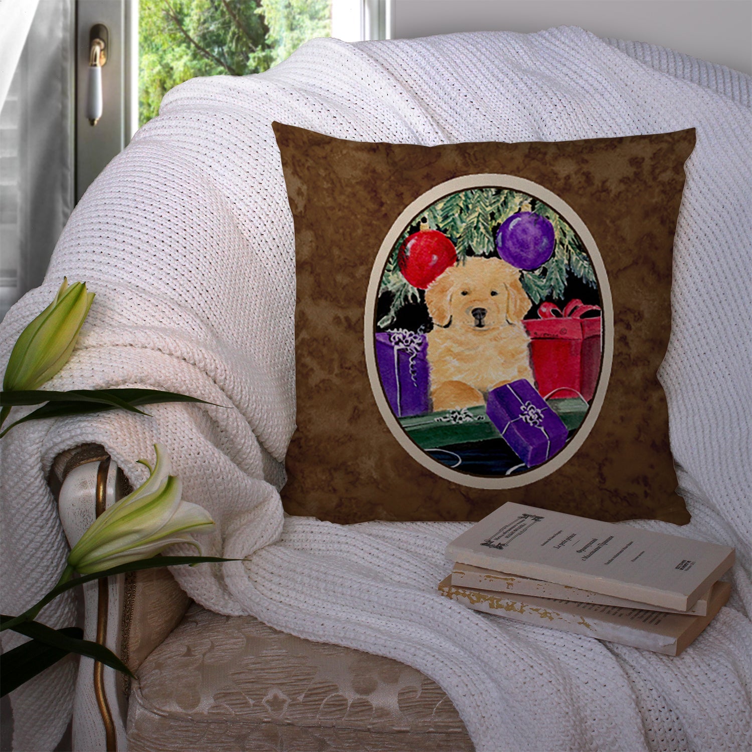 Golden Retriever Decorative Throw Pillow 14x14 Indoor Outdoor Accent Cushion, Fabric Cover with Insert for Sofa, Bed, Porch & Living Room