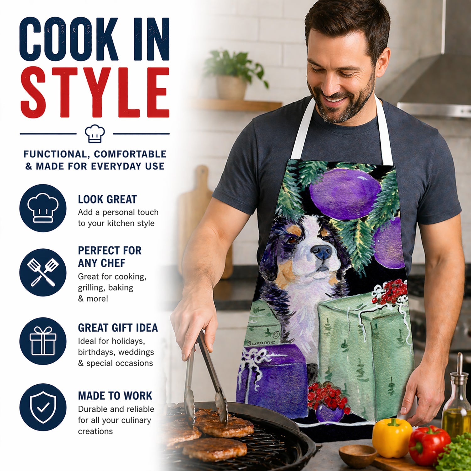 Bernese Mountain Dog Apron Cooking Kitchen Server Baking Crafts Gardening for Adult Women Men, Unisex, Large, Multicolor