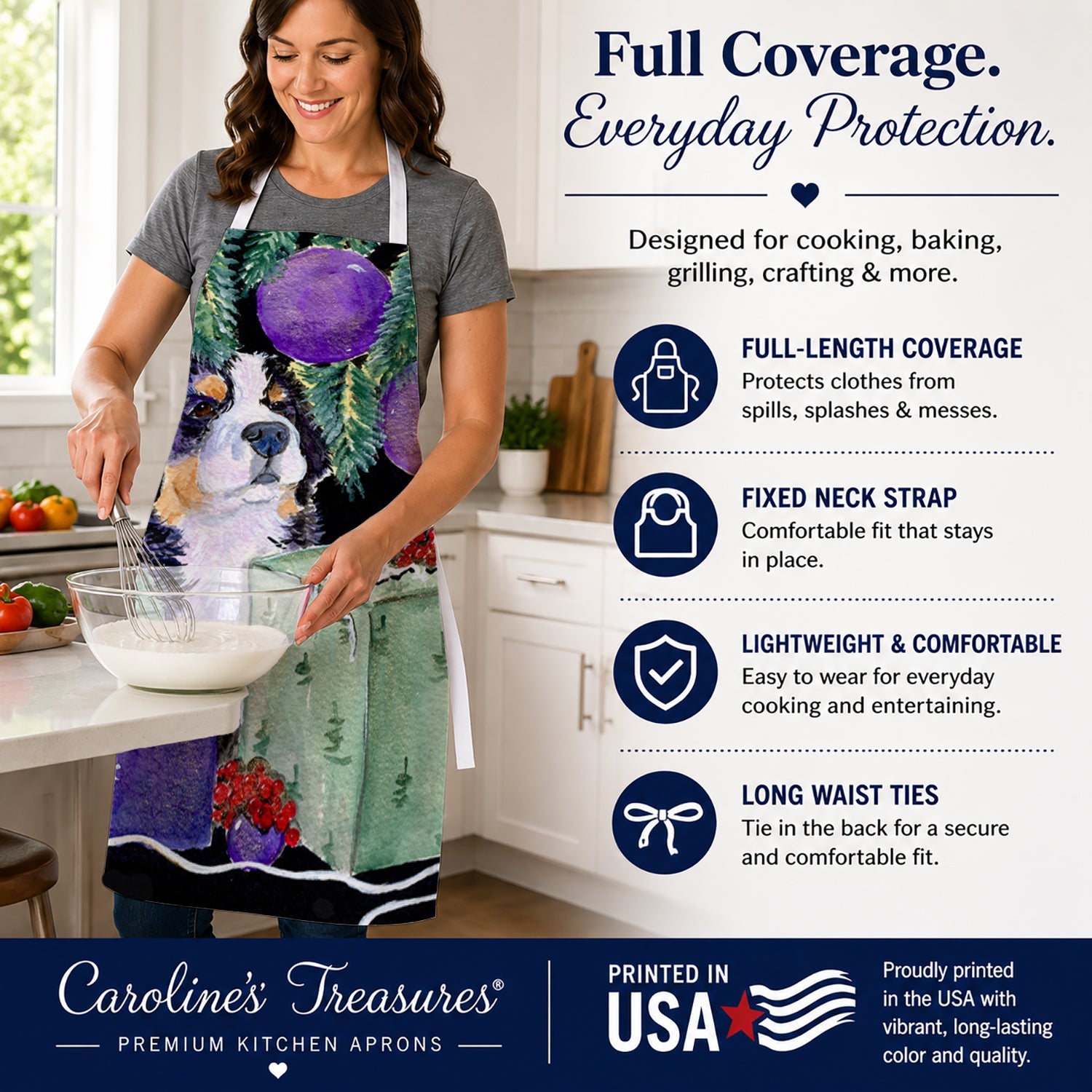Bernese Mountain Dog Apron Cooking Kitchen Server Baking Crafts Gardening for Adult Women Men, Unisex, Large, Multicolor