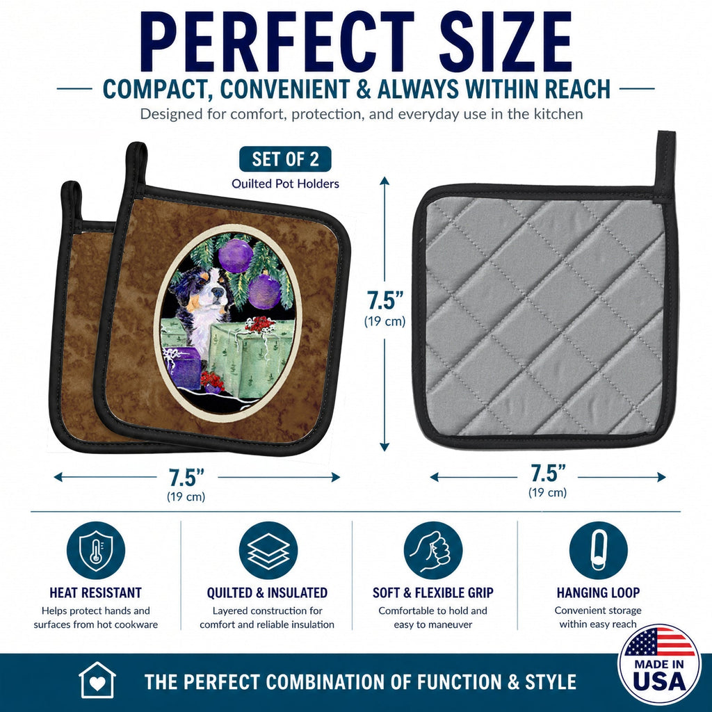 Bernese Mountain Dog Pot Holder Set of 2 Heat Resistant Quilted Hot Pads 7.5 x 7.5 Inch, Insulated Kitchen Trivets for Cooking & Baking