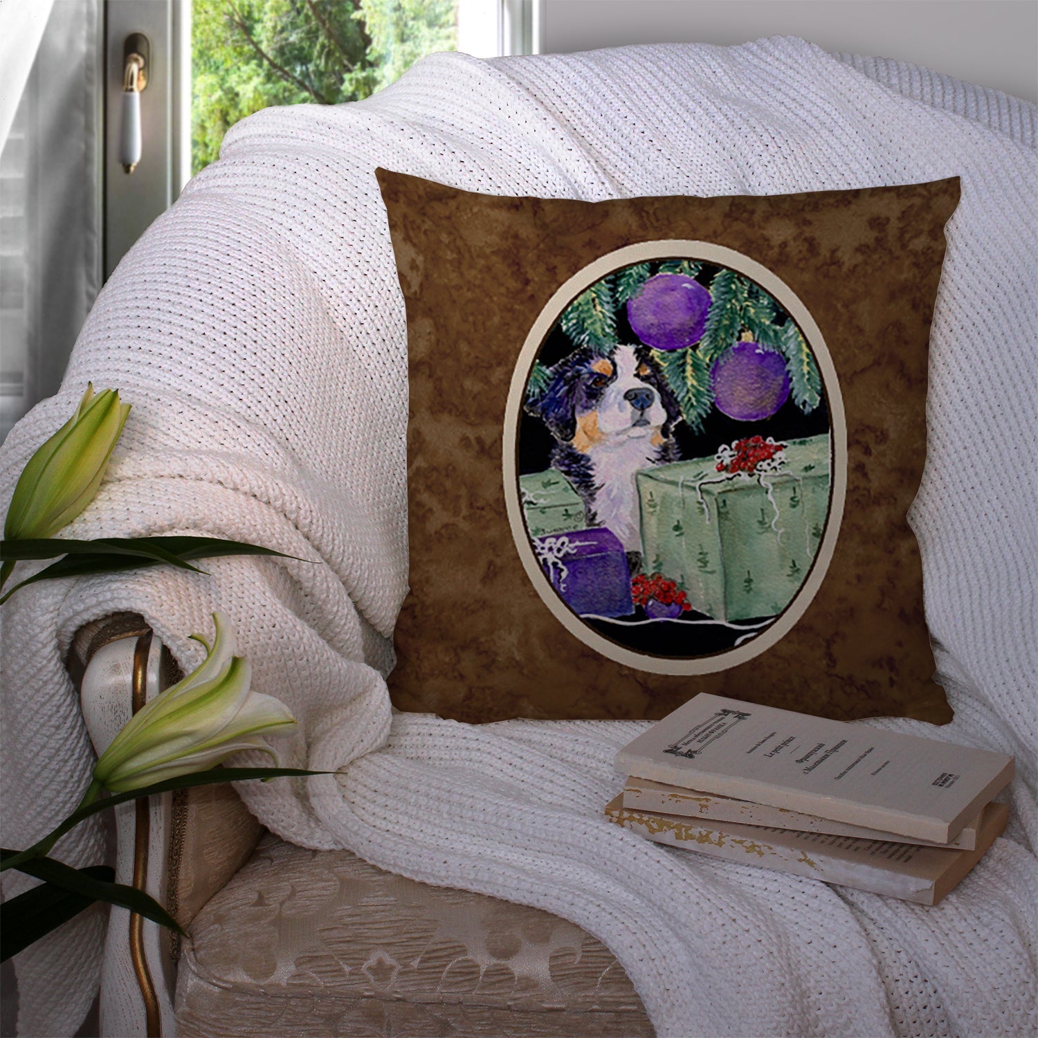 Bernese Mountain Dog Decorative Throw Pillow 14x14 Indoor Outdoor Accent Cushion, Fabric Cover with Insert for Sofa, Bed, Porch & Living Room