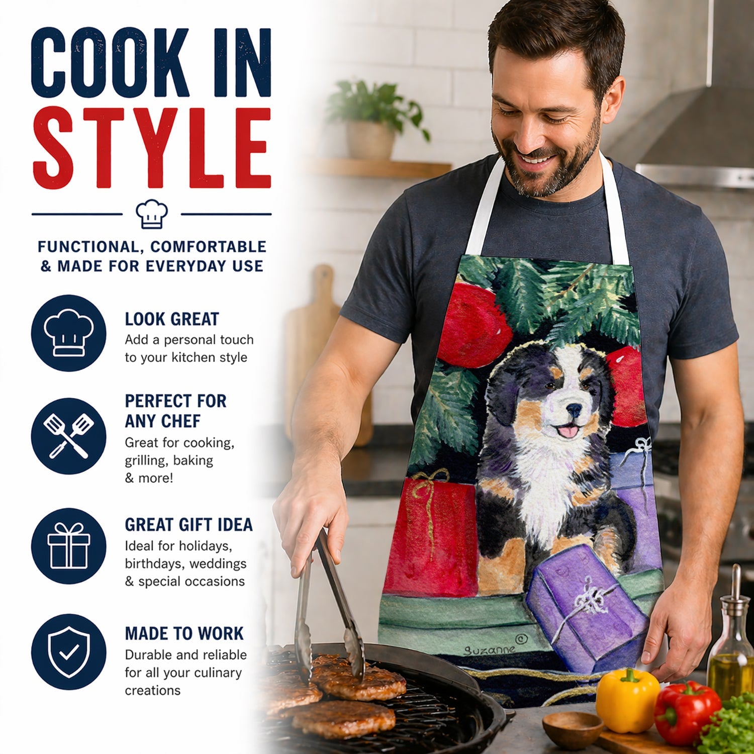 Bernese Mountain Dog Apron Cooking Kitchen Server Baking Crafts Gardening for Adult Women Men, Unisex, Large, Multicolor