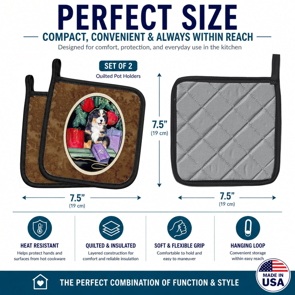 Bernese Mountain Dog Pot Holder Set of 2 Heat Resistant Quilted Hot Pads 7.5 x 7.5 Inch, Insulated Kitchen Trivets for Cooking & Baking