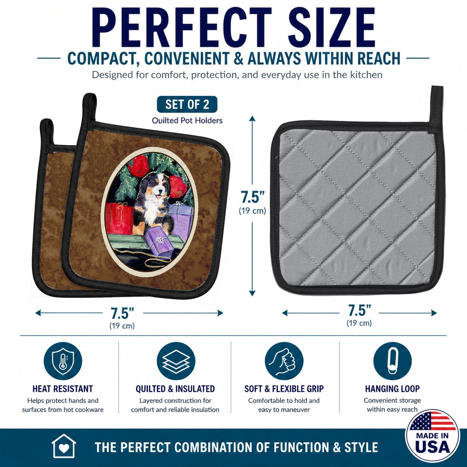 Bernese Mountain Dog Pot Holder Set of 2 Heat Resistant Quilted Hot Pads 7.5 x 7.5 Inch, Insulated Kitchen Trivets for Cooking & Baking