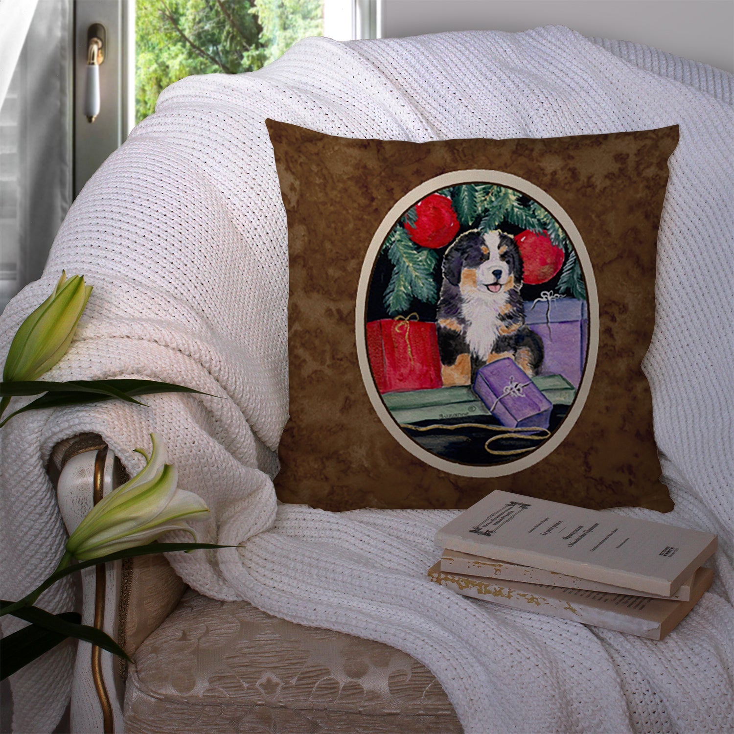 Bernese Mountain Dog Decorative Throw Pillow 14x14 Indoor Outdoor Accent Cushion, Fabric Cover with Insert for Sofa, Bed, Porch & Living Room