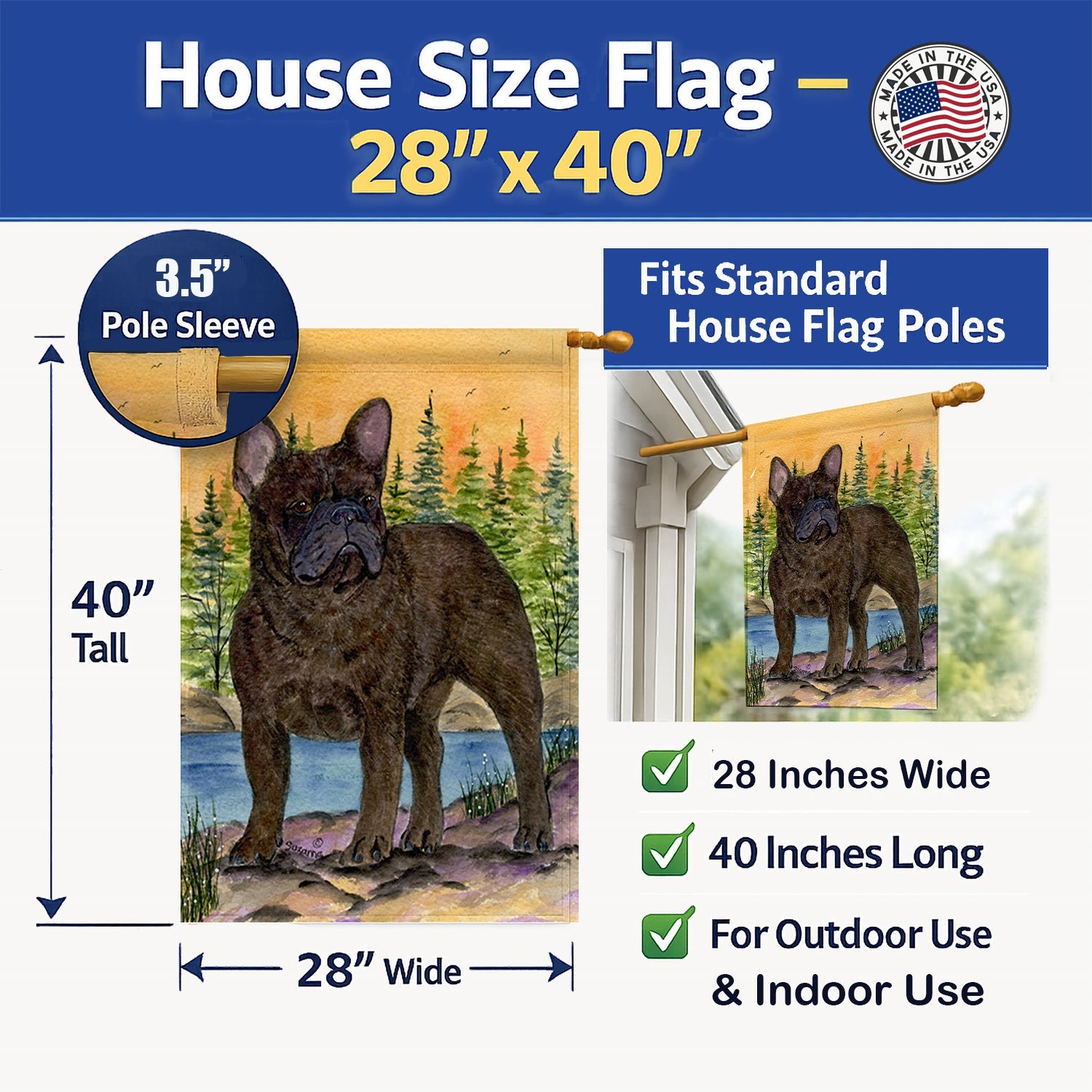 French Bulldog House Flag 28x40 Porch Sleeve Pole Decorative Outside Yard Banner Artwork Wall Hanging, Polyester