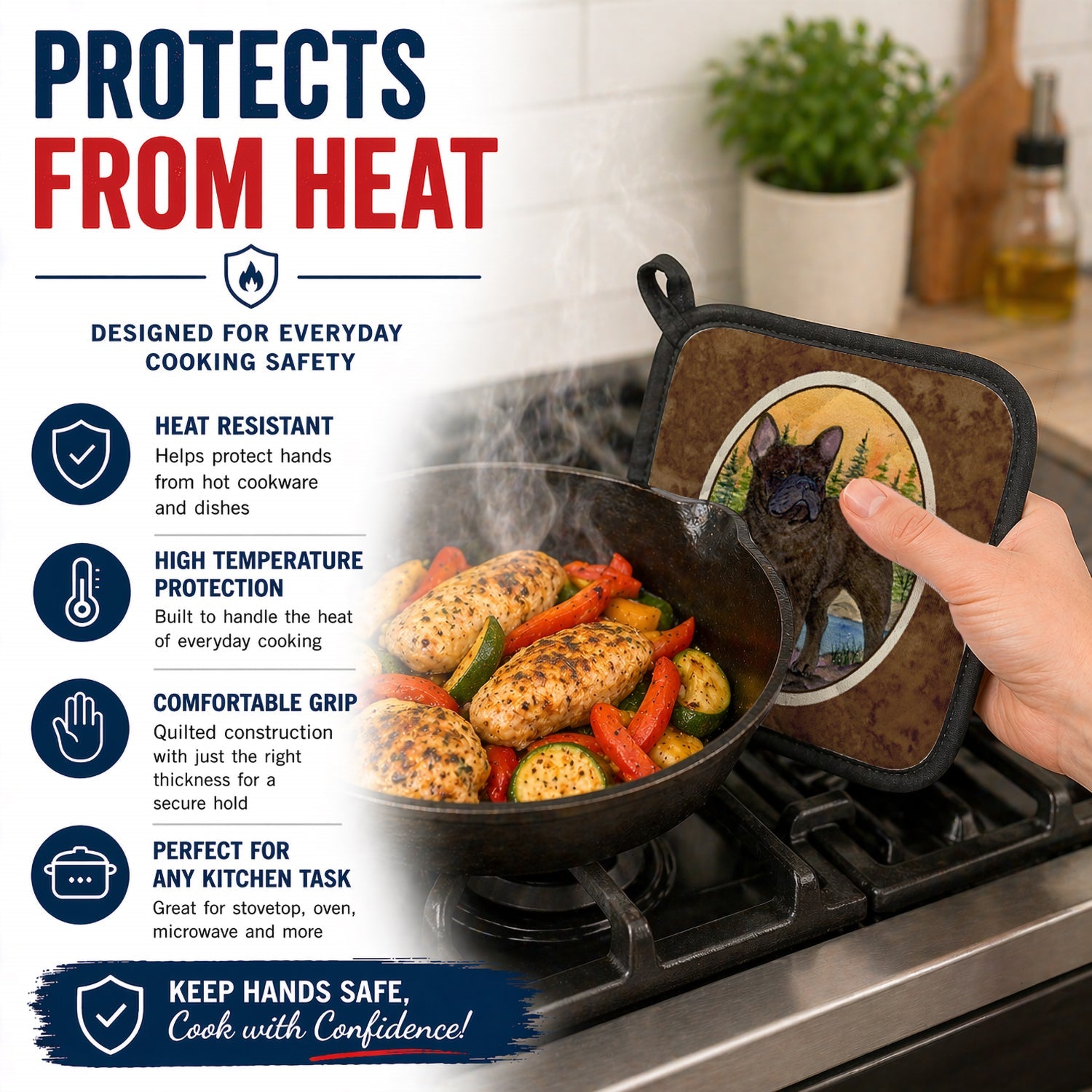 French Bulldog Pot Holder Set of 2 Heat Resistant Quilted Hot Pads 7.5 x 7.5 Inch, Insulated Kitchen Trivets for Cooking & Baking