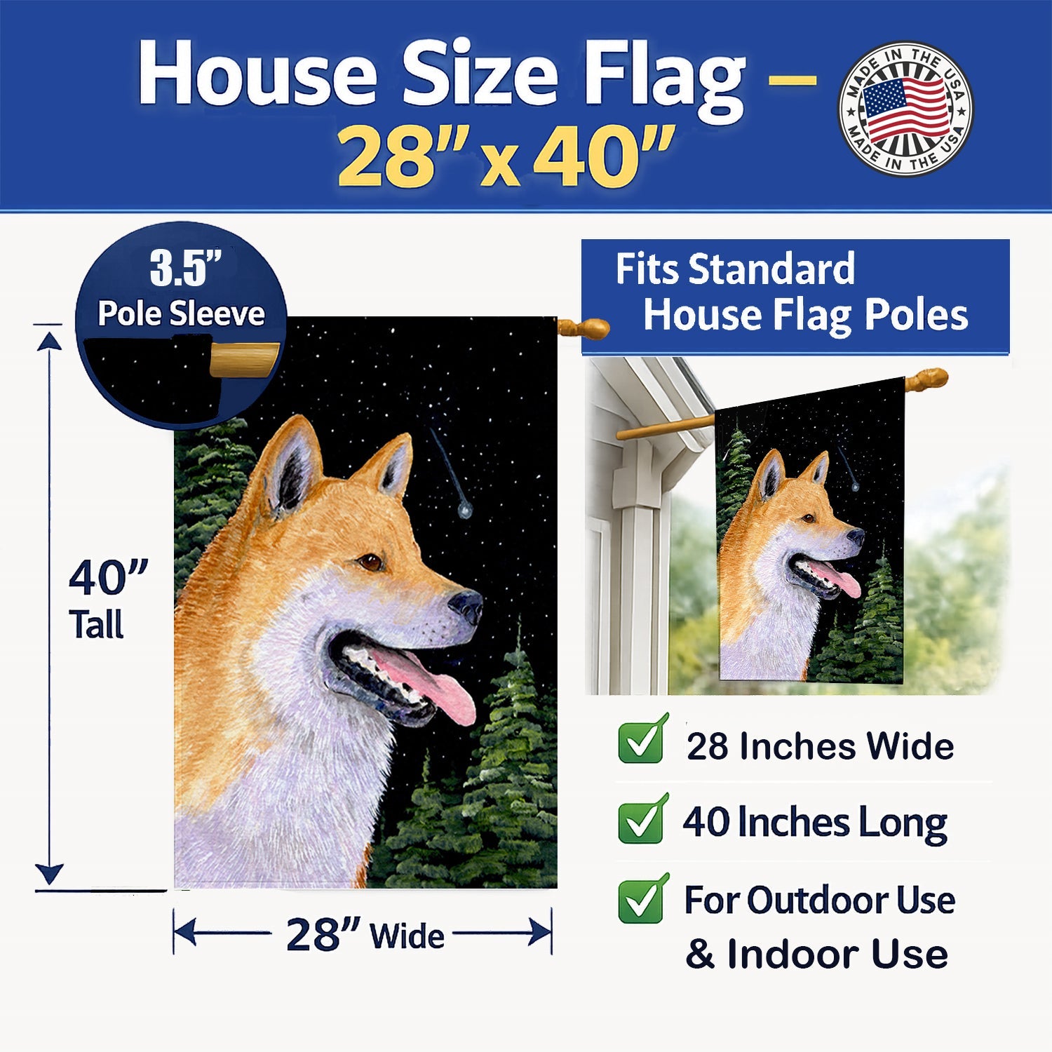 Shiba Inu House Flag 28x40 Porch Sleeve Pole Decorative Outside Yard Banner Artwork Wall Hanging, Polyester