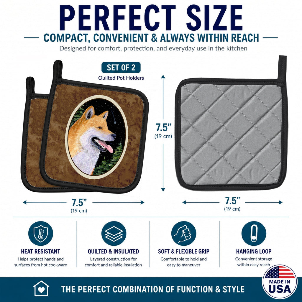 Shiba Inu Pot Holder Set of 2 Heat Resistant Quilted Hot Pads 7.5 x 7.5 Inch, Insulated Kitchen Trivets for Cooking & Baking