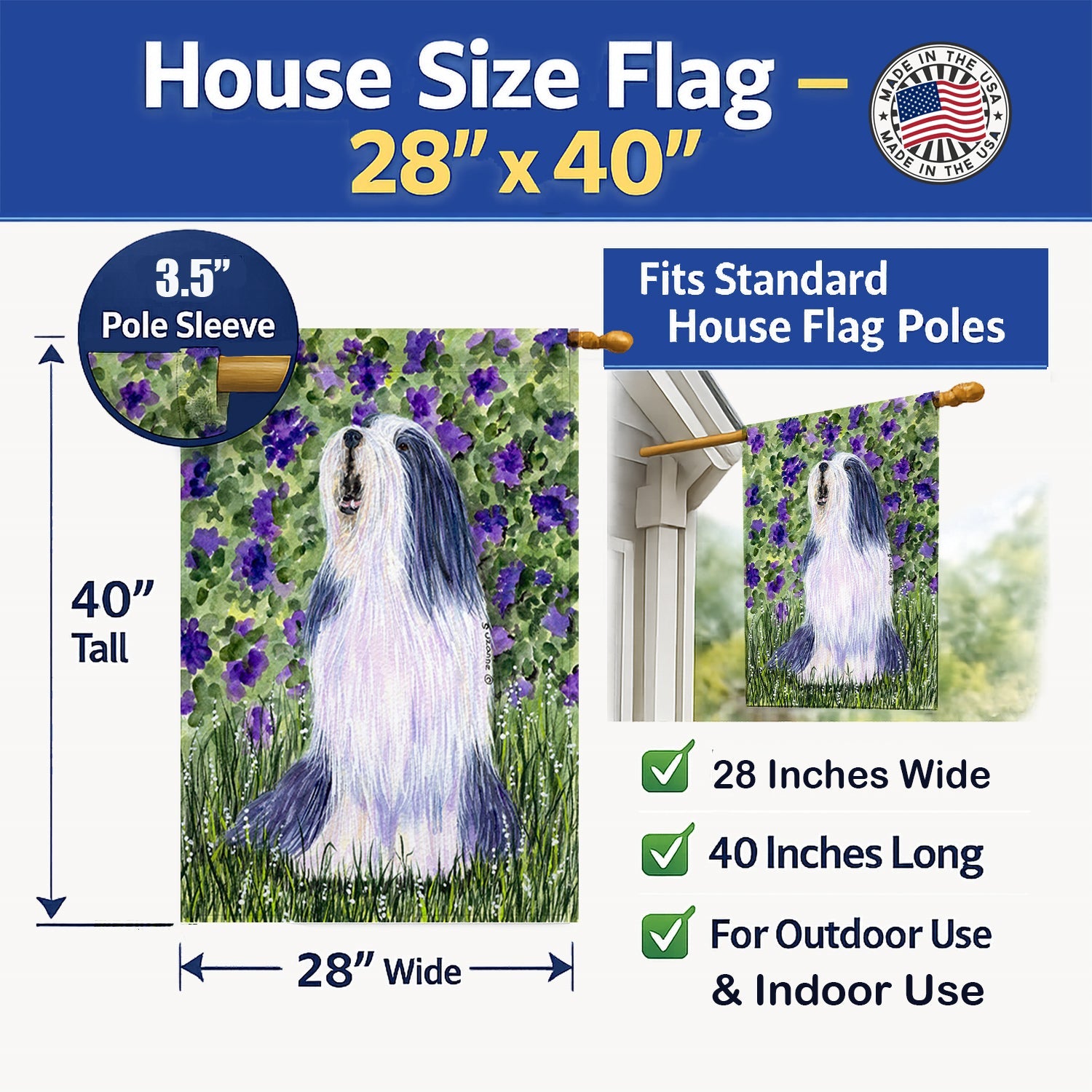 Bearded Collie House Flag 28x40 Porch Sleeve Pole Decorative Outside Yard Banner Artwork Wall Hanging, Polyester