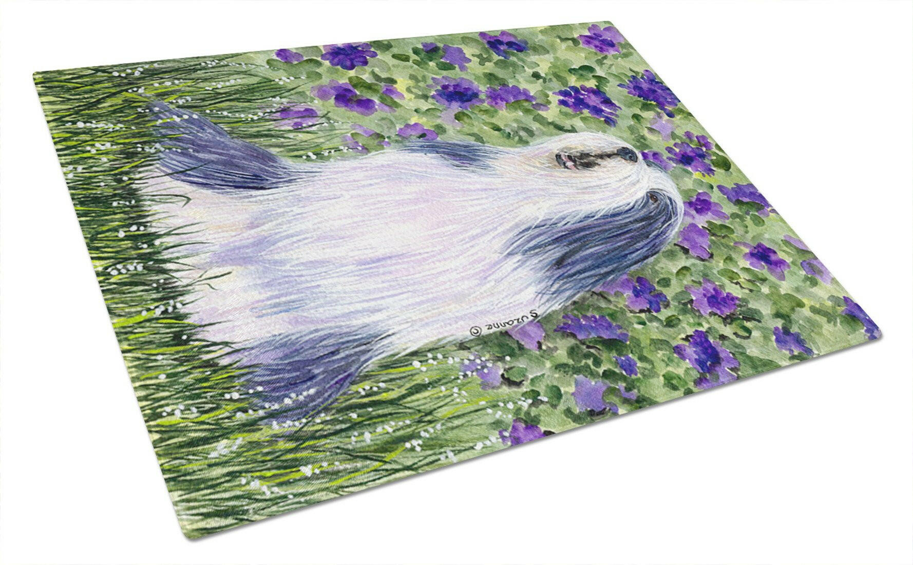 Bearded Collie Cutting Board Tempered Glass Kitchen Cutting Surface, Heat Resistant Chopping, Non-Slip Feet, Food Prep & Serving