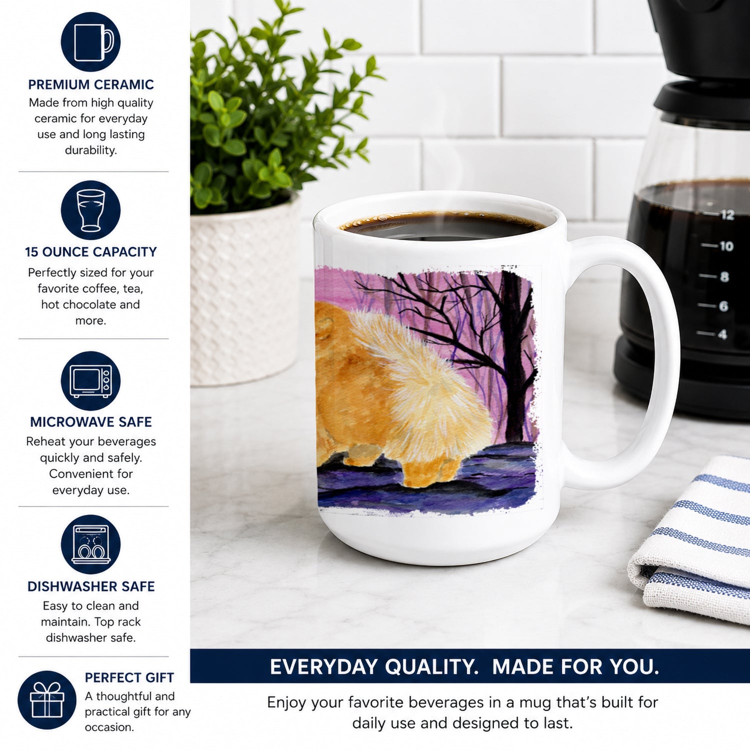 Pomeranian Ceramic Coffee Mug 15 oz Decorative Large C Handle Mug Cup for Tea, Cocoa Hot Chocolate