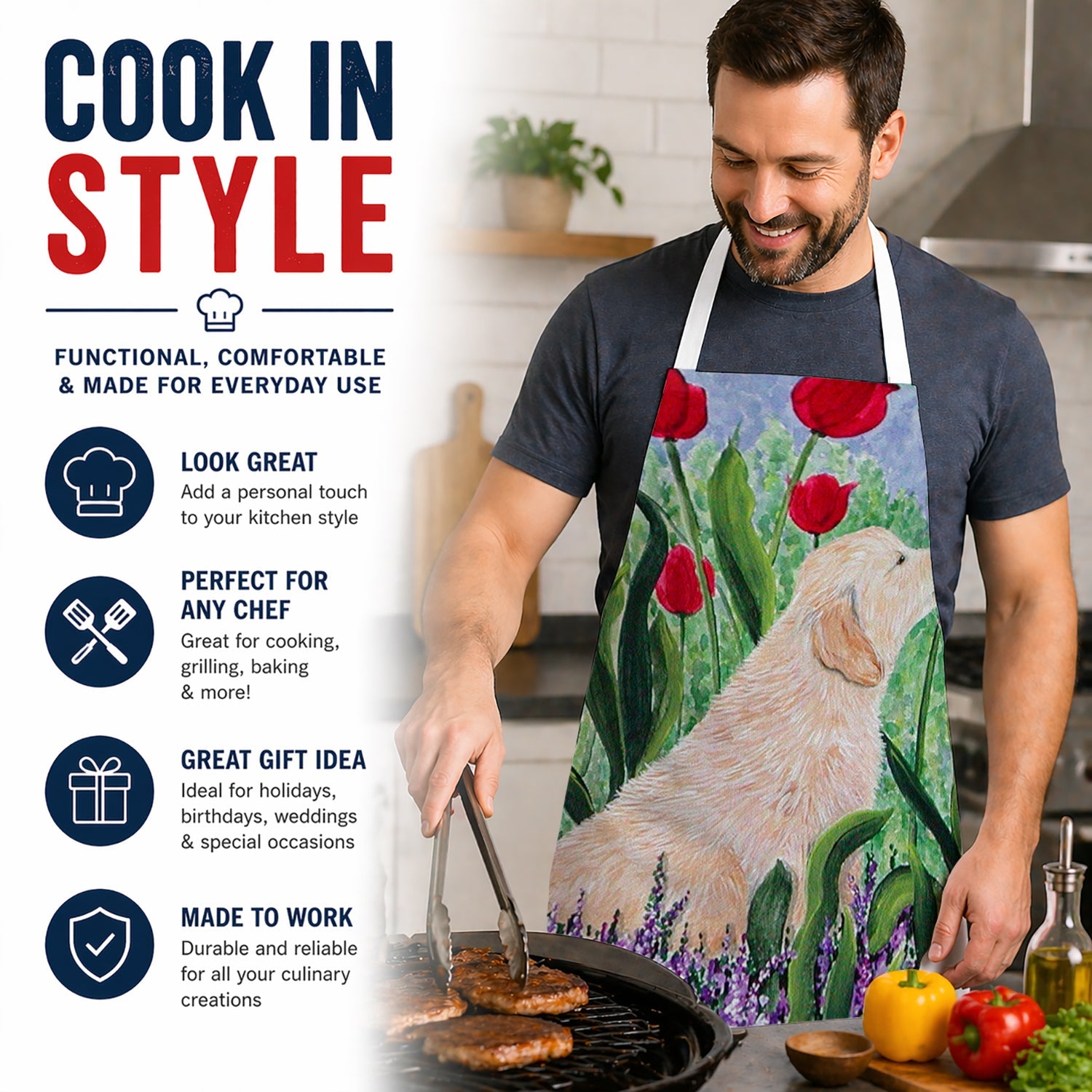 Golden Retriever Apron Cooking Kitchen Server Baking Crafts Gardening for Adult Women Men, Unisex, Large, Multicolor