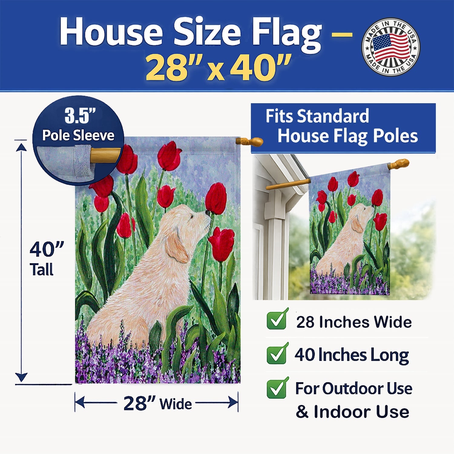 Golden Retriever House Flag 28x40 Porch Sleeve Pole Decorative Outside Yard Banner Artwork Wall Hanging, Polyester