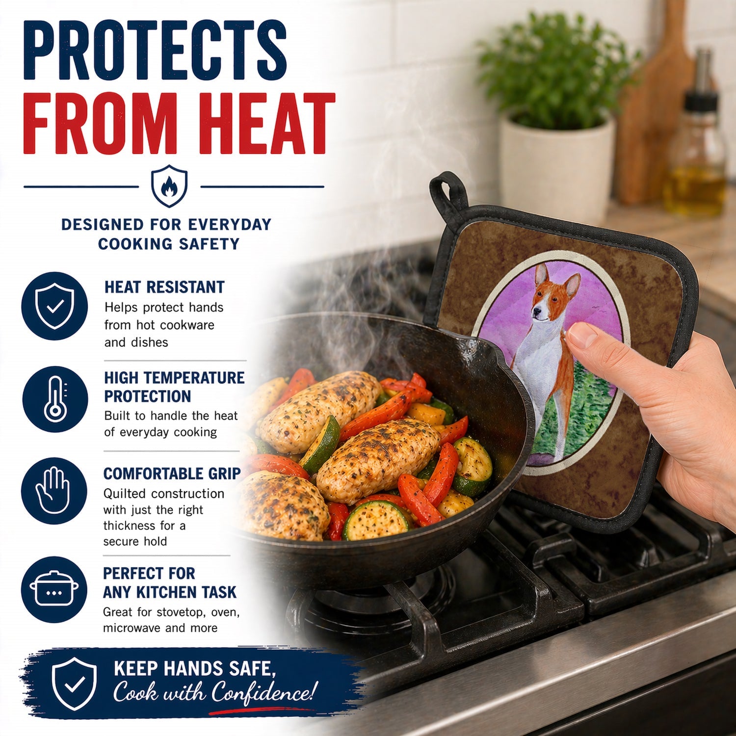 Basenji Pot Holder Set of 2 Heat Resistant Quilted Hot Pads 7.5 x 7.5 Inch, Insulated Kitchen Trivets for Cooking & Baking