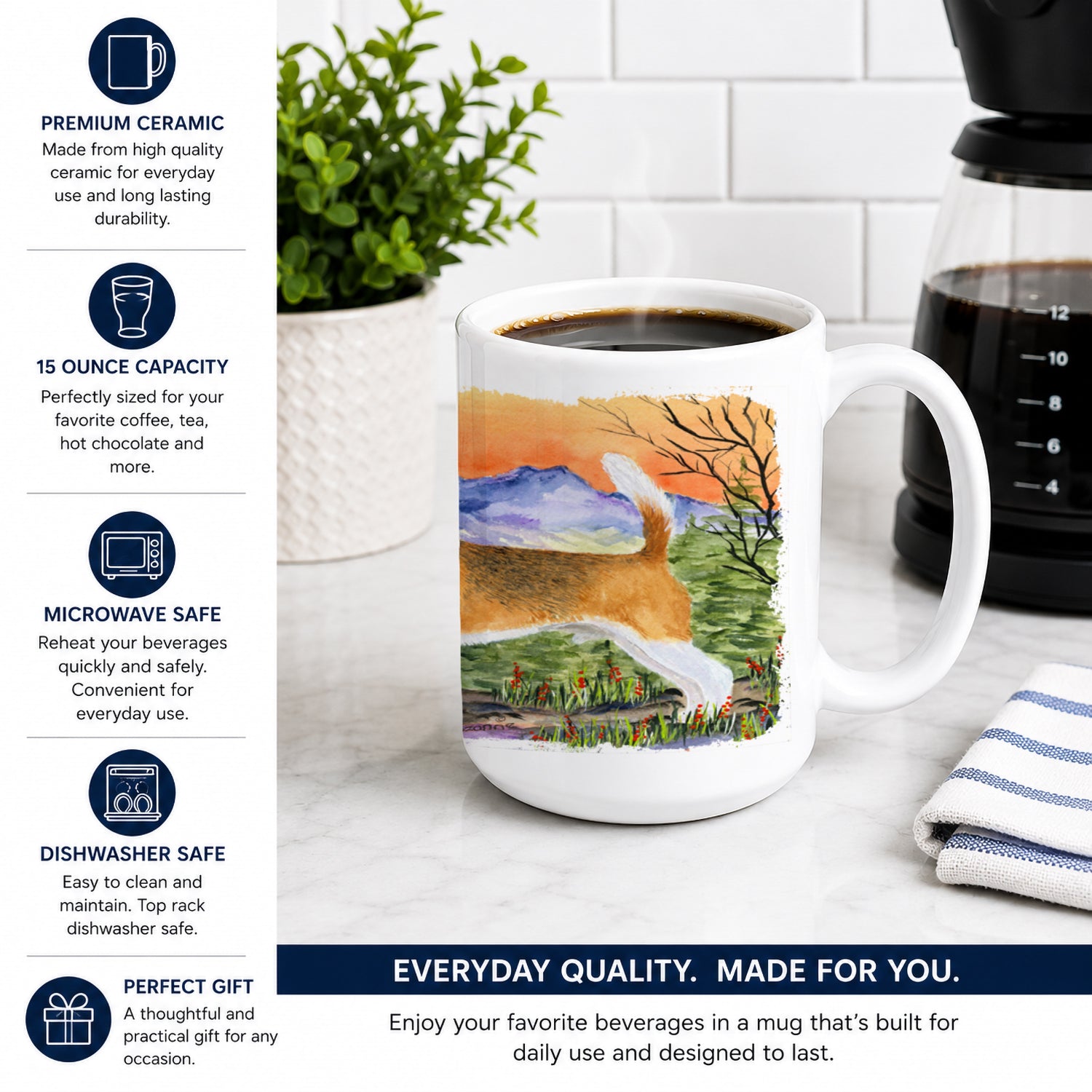 Beagle Ceramic Coffee Mug 15 oz Decorative Large C Handle Mug Cup for Tea, Cocoa Hot Chocolate