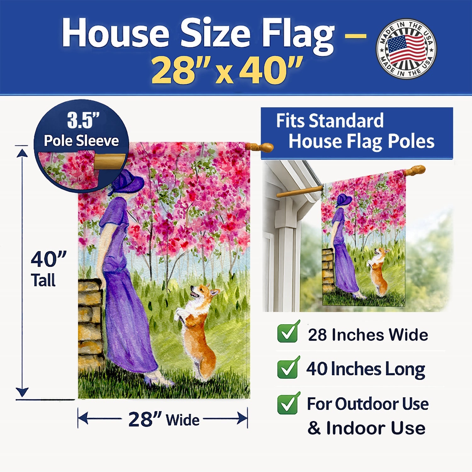 Corgi House Flag 28x40 Porch Sleeve Pole Decorative Outside Yard Banner Artwork Wall Hanging, Polyester