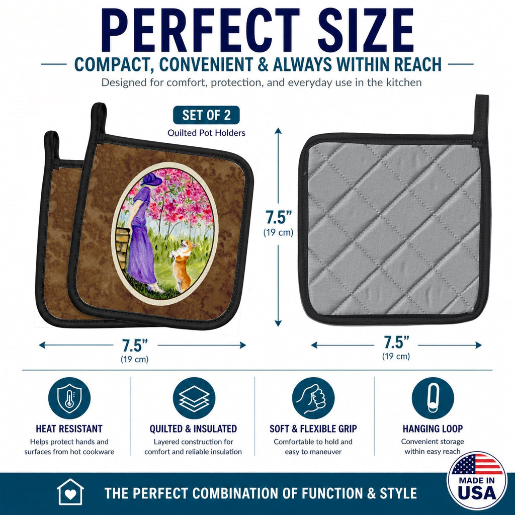 Corgi Pot Holder Set of 2 Heat Resistant Quilted Hot Pads 7.5 x 7.5 Inch, Insulated Kitchen Trivets for Cooking & Baking