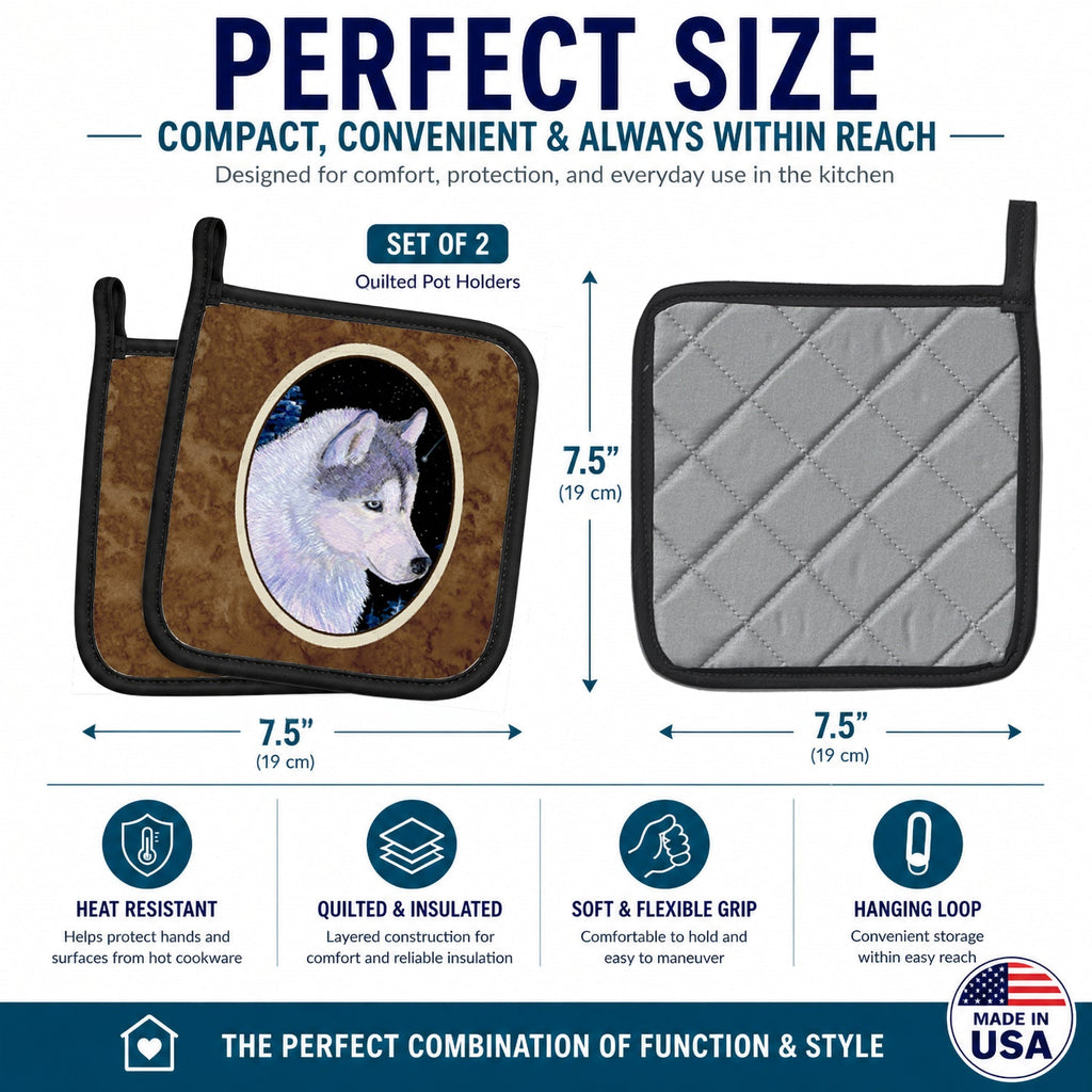 Siberian Husky Pot Holder Set of 2 Heat Resistant Quilted Hot Pads 7.5 x 7.5 Inch, Insulated Kitchen Trivets for Cooking & Baking
