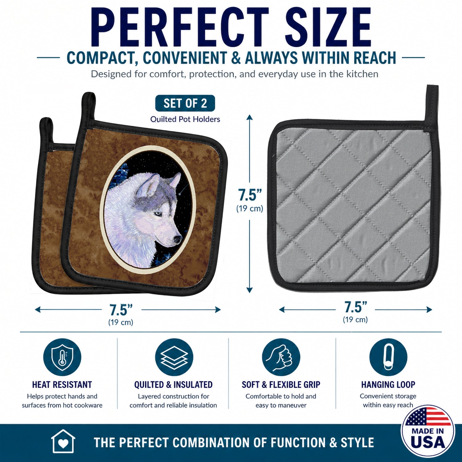 Siberian Husky Pot Holder Set of 2 Heat Resistant Quilted Hot Pads 7.5 x 7.5 Inch, Insulated Kitchen Trivets for Cooking & Baking