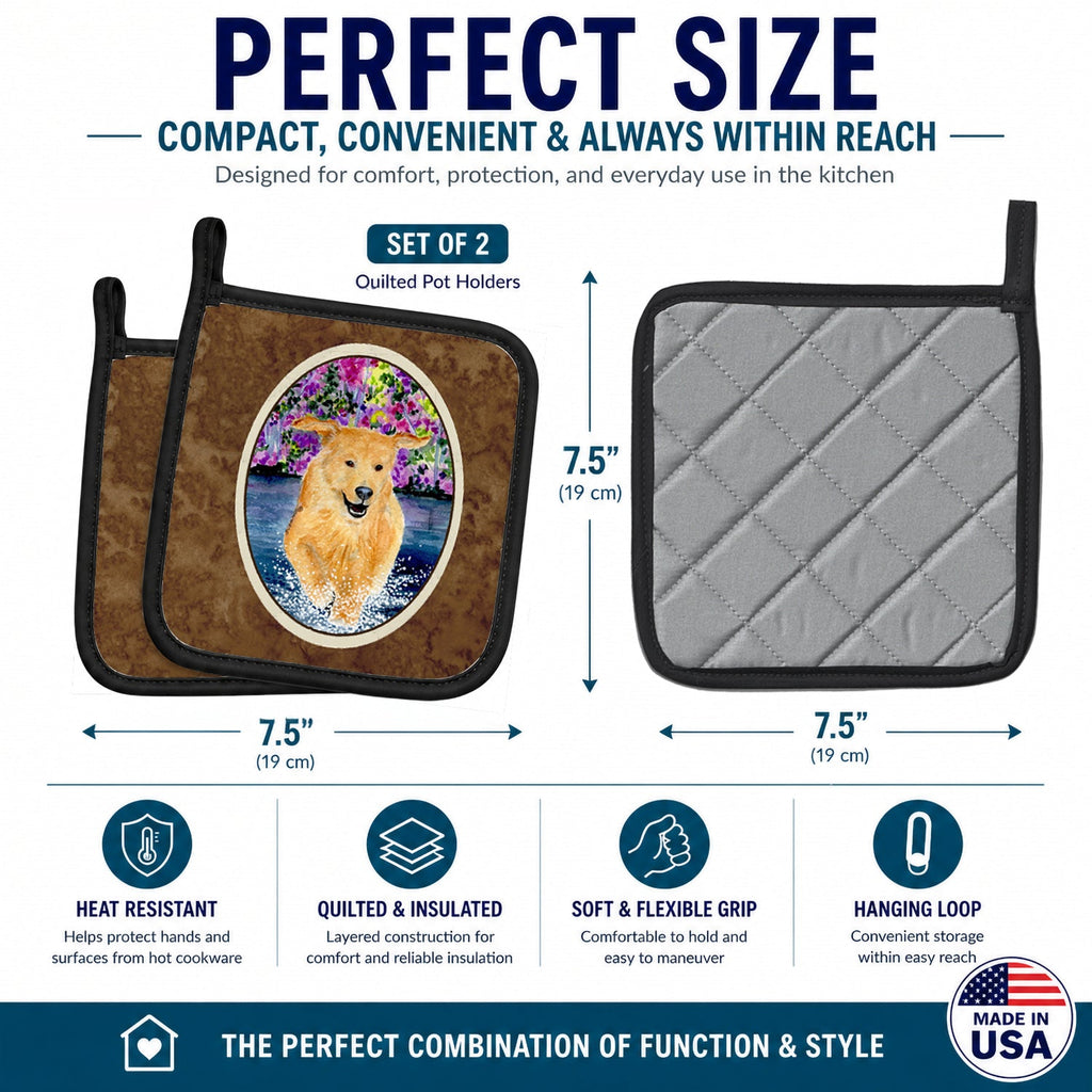 Golden Retriever Pot Holder Set of 2 Heat Resistant Quilted Hot Pads 7.5 x 7.5 Inch, Insulated Kitchen Trivets for Cooking & Baking
