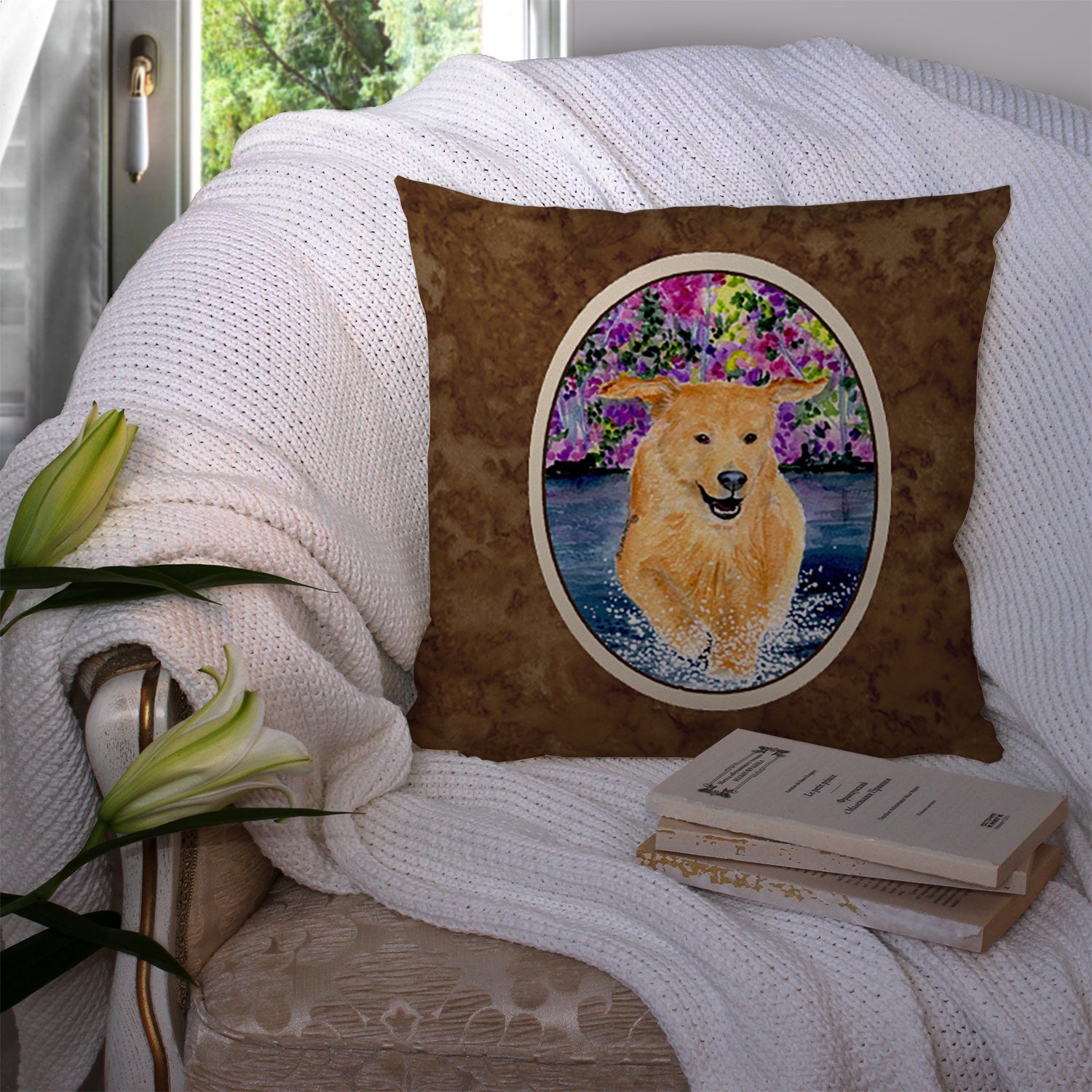Golden Retriever Decorative Throw Pillow 14x14 Indoor Outdoor Accent Cushion, Fabric Cover with Insert for Sofa, Bed, Porch & Living Room