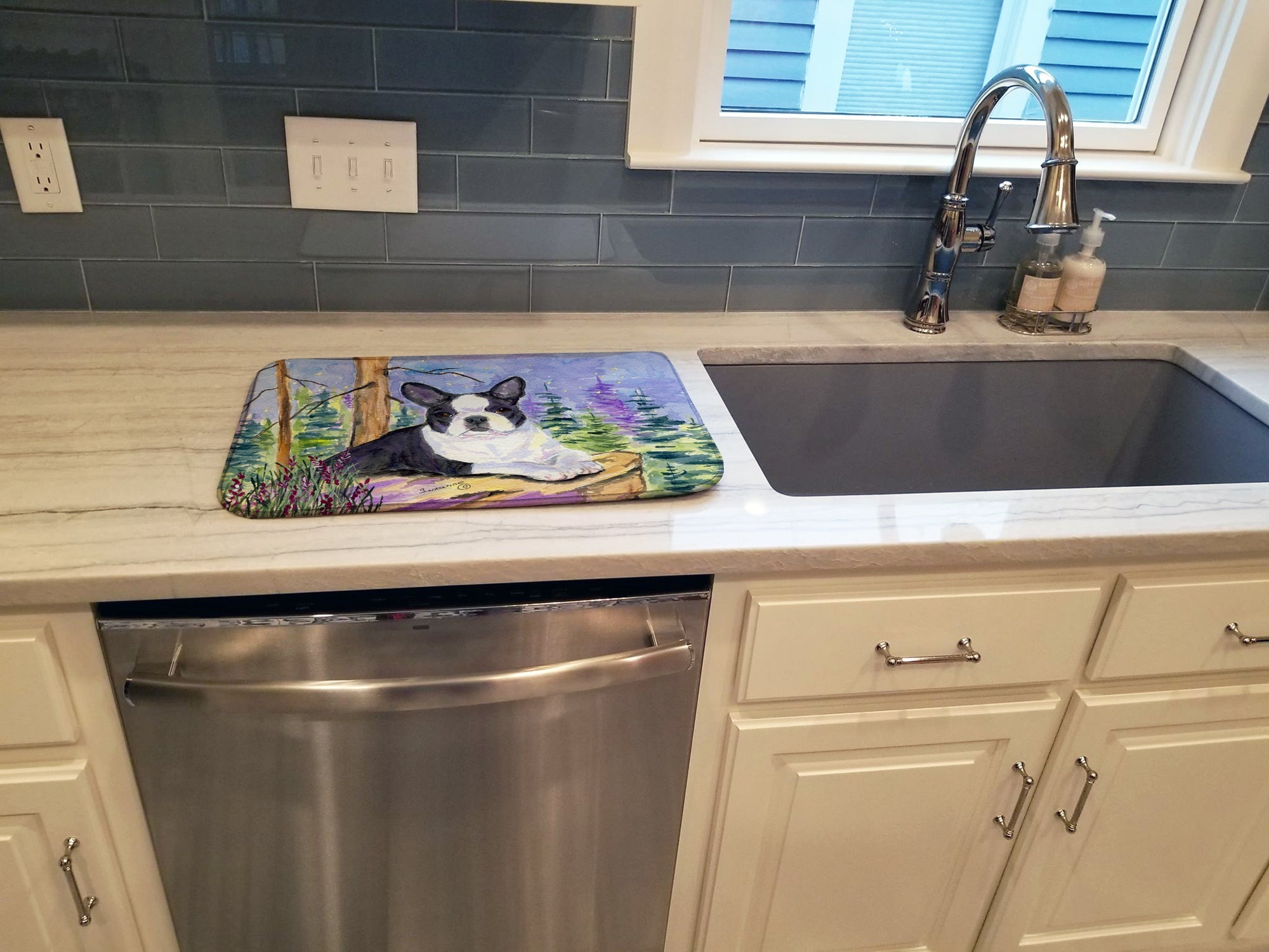 Boston Terrier Dish Drying Mat Absorbent Dish Drying Mat Pad for Kitchen Counter Dish Drainer Mat for Countertop, 14 x 21", Multicolor