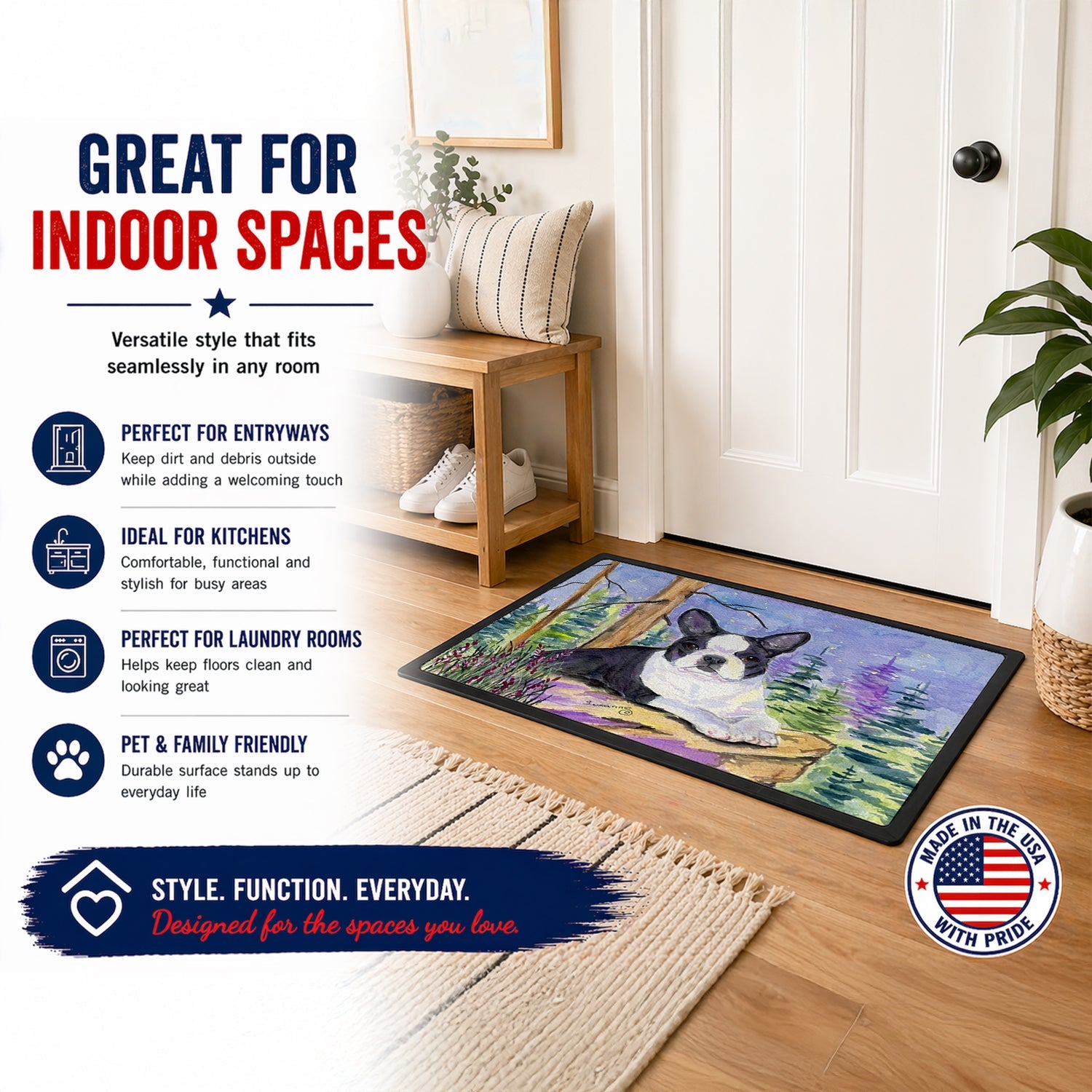 Boston Terrier Doormat Indoor Outdoor 18H X 27W Front Door Mat Rugs for Entryway, Non Slip Washable