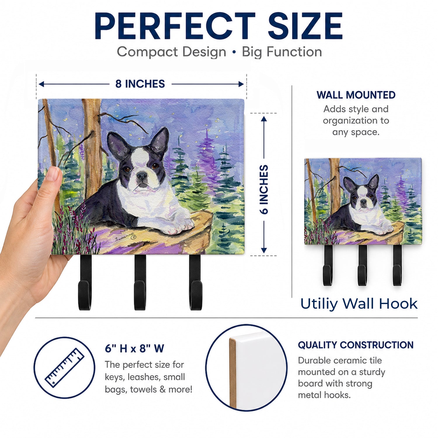 Boston Terrier Leash or Key Holder Wall Hooks, Coat Rack Wall Mount, for Hanging Keys, Towels, Aprons, Leashes