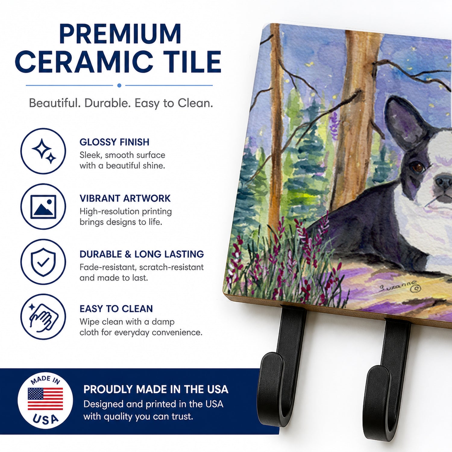 Boston Terrier Leash or Key Holder Wall Hooks, Coat Rack Wall Mount, for Hanging Keys, Towels, Aprons, Leashes