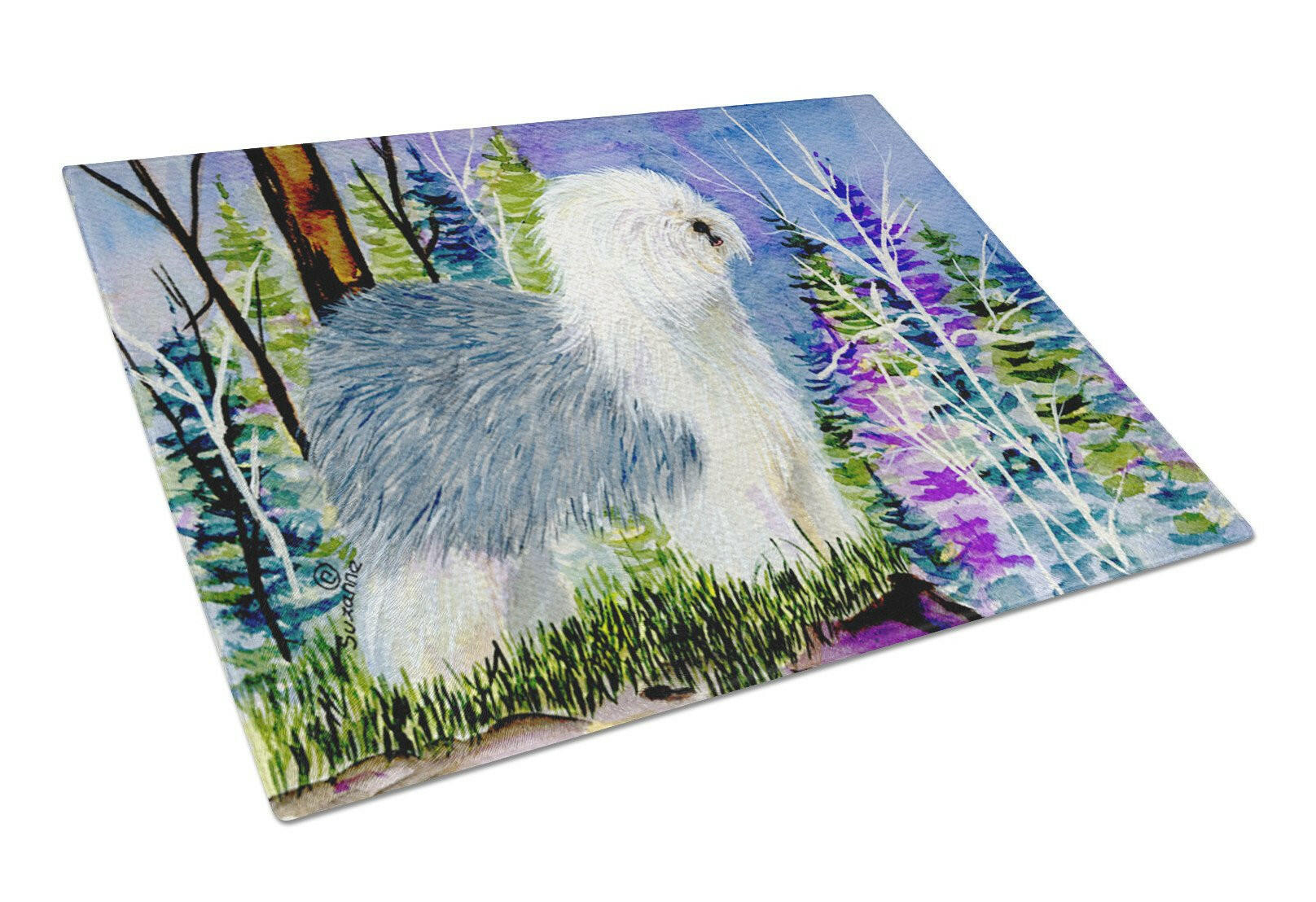 Old English Sheepdog Cutting Board Tempered Glass Kitchen Cutting Surface, Heat Resistant Chopping, Non-Slip Feet, Food Prep & Serving