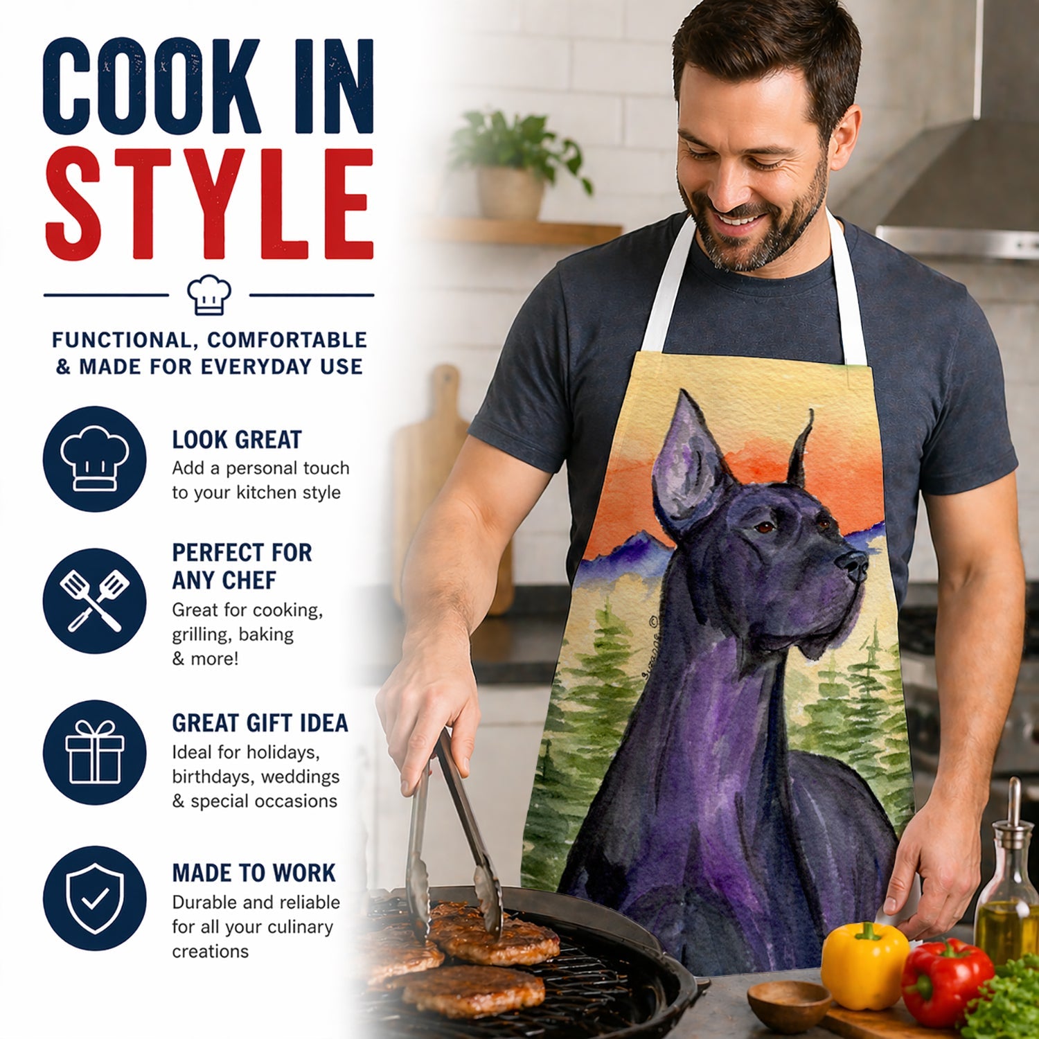 Great Dane Apron Cooking Kitchen Server Baking Crafts Gardening for Adult Women Men, Unisex, Large, Multicolor