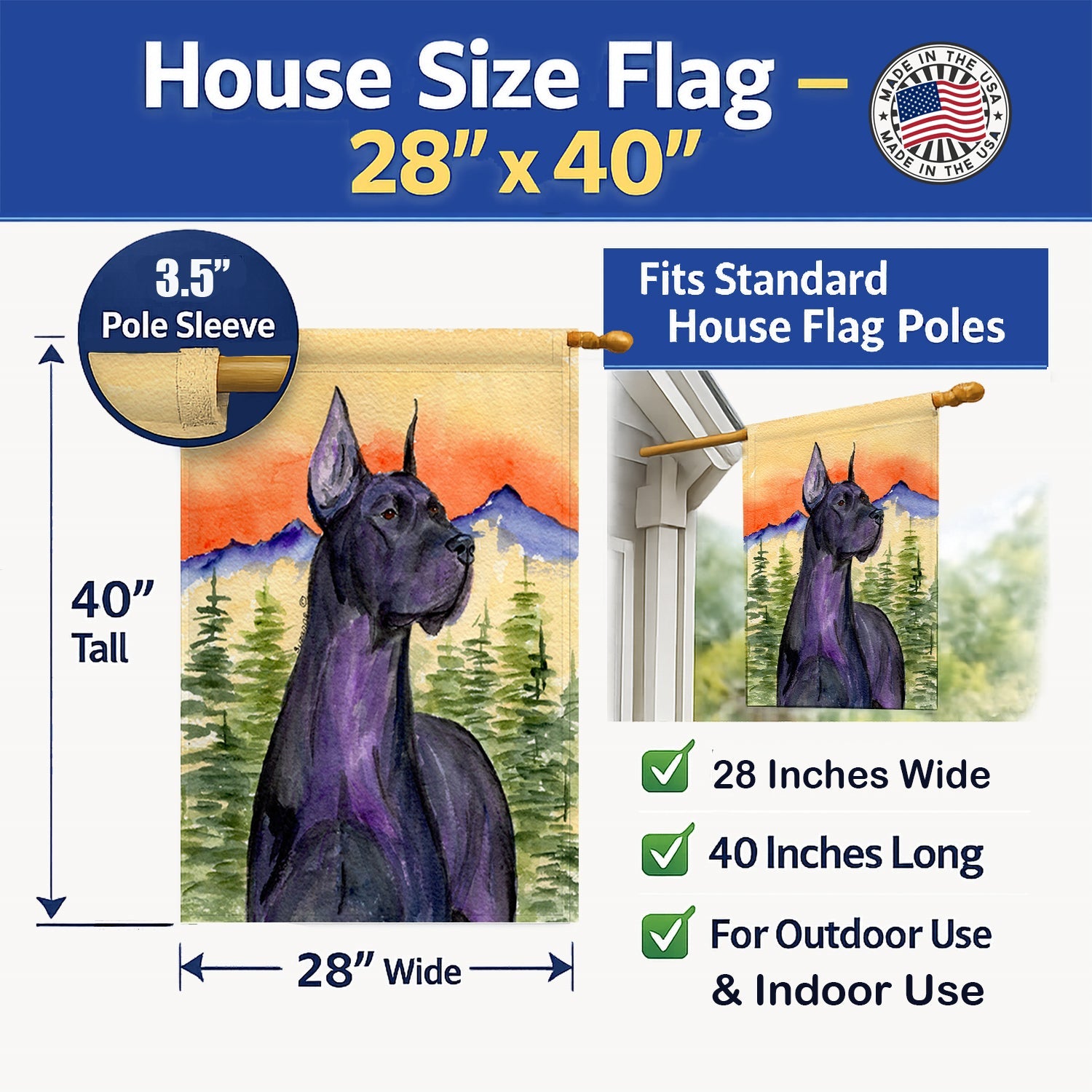 Great Dane House Flag 28x40 Porch Sleeve Pole Decorative Outside Yard Banner Artwork Wall Hanging, Polyester