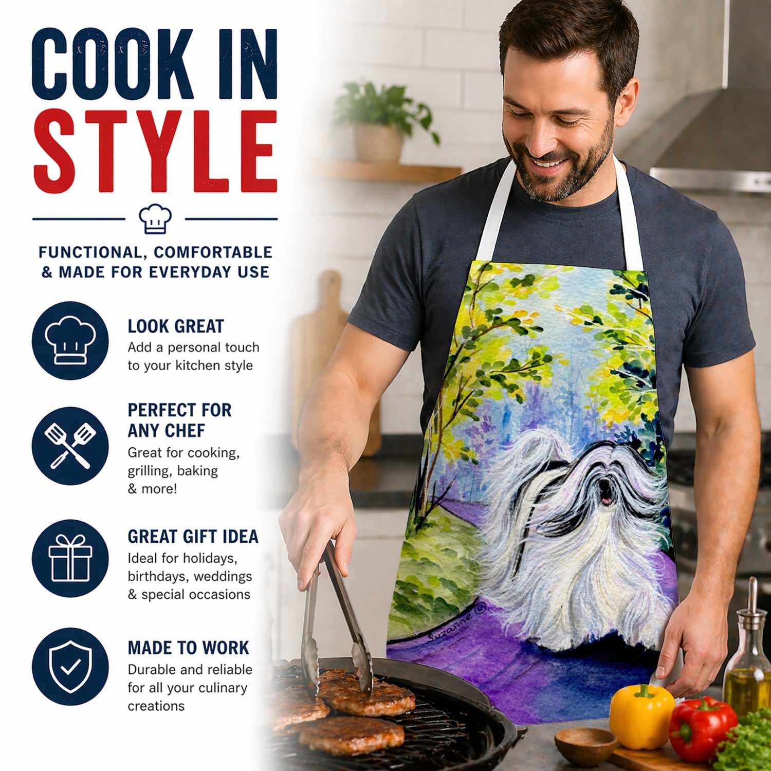 Tibetan Terrier Apron Cooking Kitchen Server Baking Crafts Gardening for Adult Women Men, Unisex, Large, Multicolor