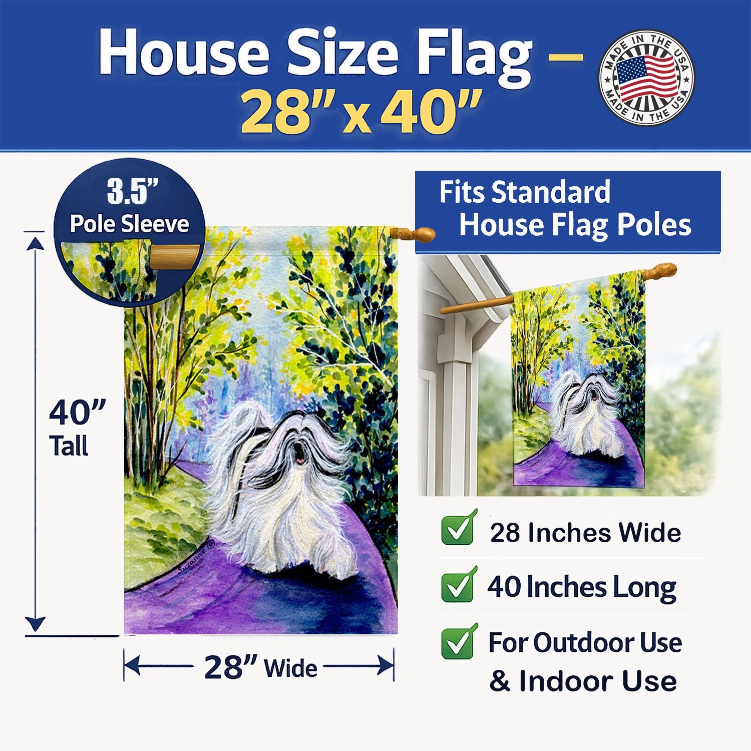 Tibetan Terrier House Flag 28x40 Porch Sleeve Pole Decorative Outside Yard Banner Artwork Wall Hanging, Polyester