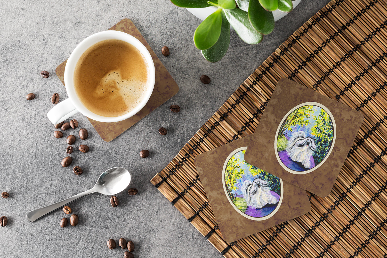 Tibetan Terrier Foam Coasters Set of 4 Cup Coasters for Indoor Outdoor, Tabletop Protection, Anti Slip, Mouse pad Material