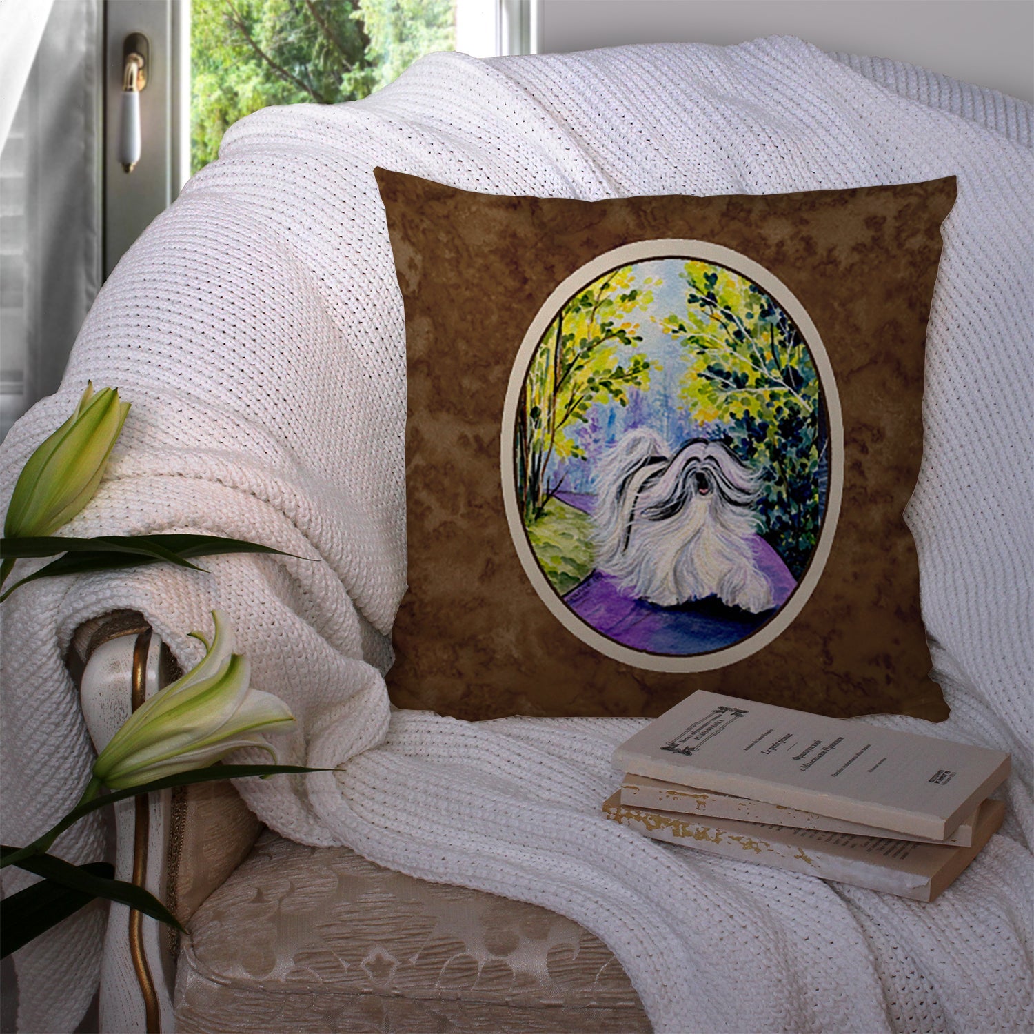 Tibetan Terrier Decorative Throw Pillow 14x14 Indoor Outdoor Accent Cushion, Fabric Cover with Insert for Sofa, Bed, Porch & Living Room
