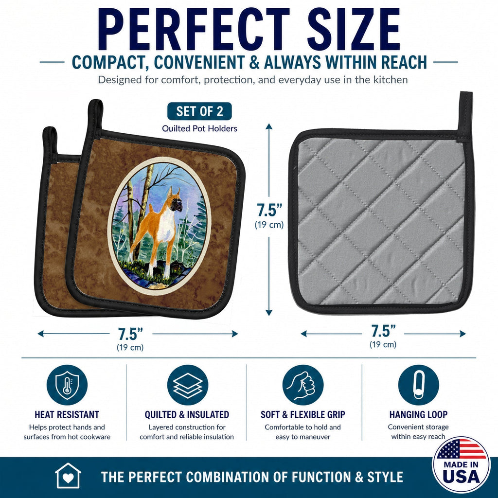 Boxer Pot Holder Set of 2 Heat Resistant Quilted Hot Pads 7.5 x 7.5 Inch, Insulated Kitchen Trivets for Cooking & Baking