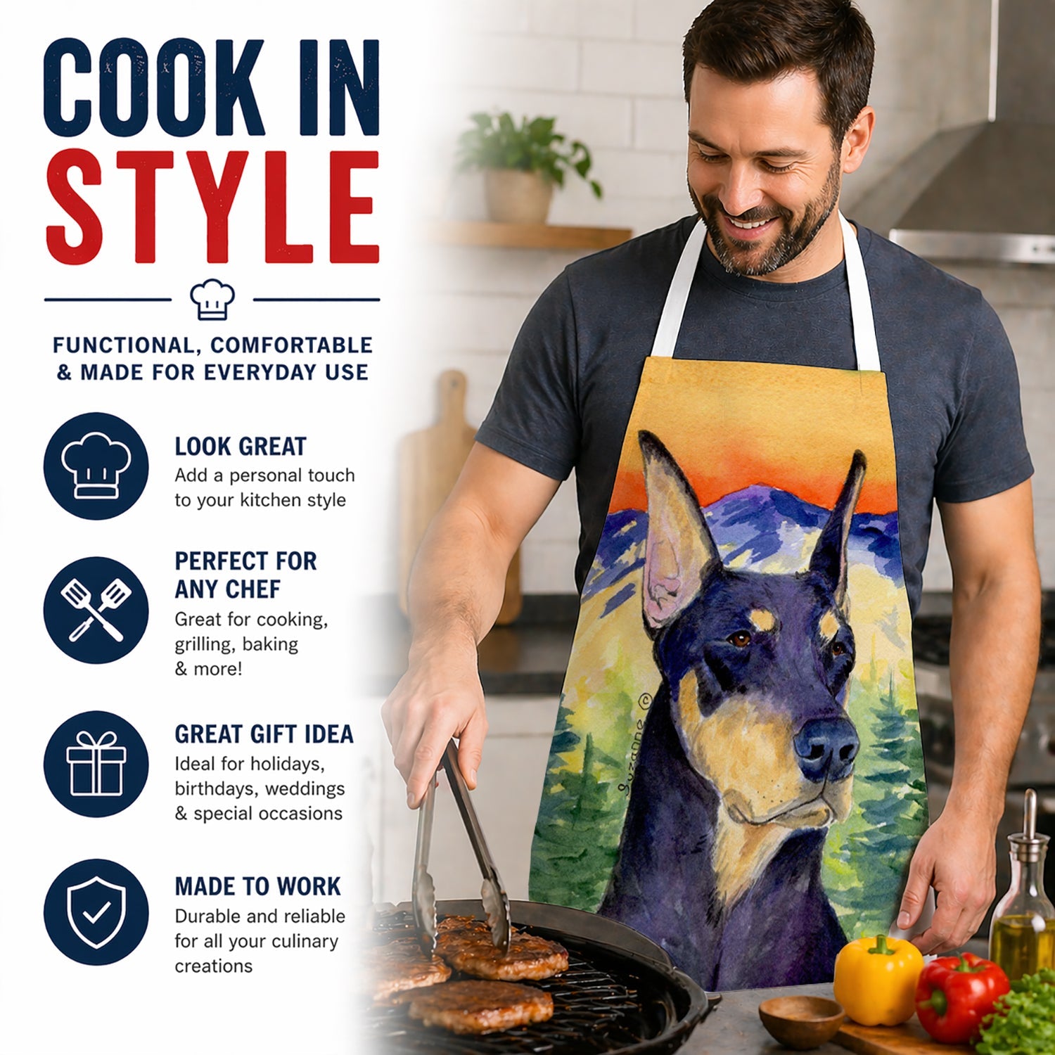 Doberman Apron Cooking Kitchen Server Baking Crafts Gardening for Adult Women Men, Unisex, Large, Multicolor