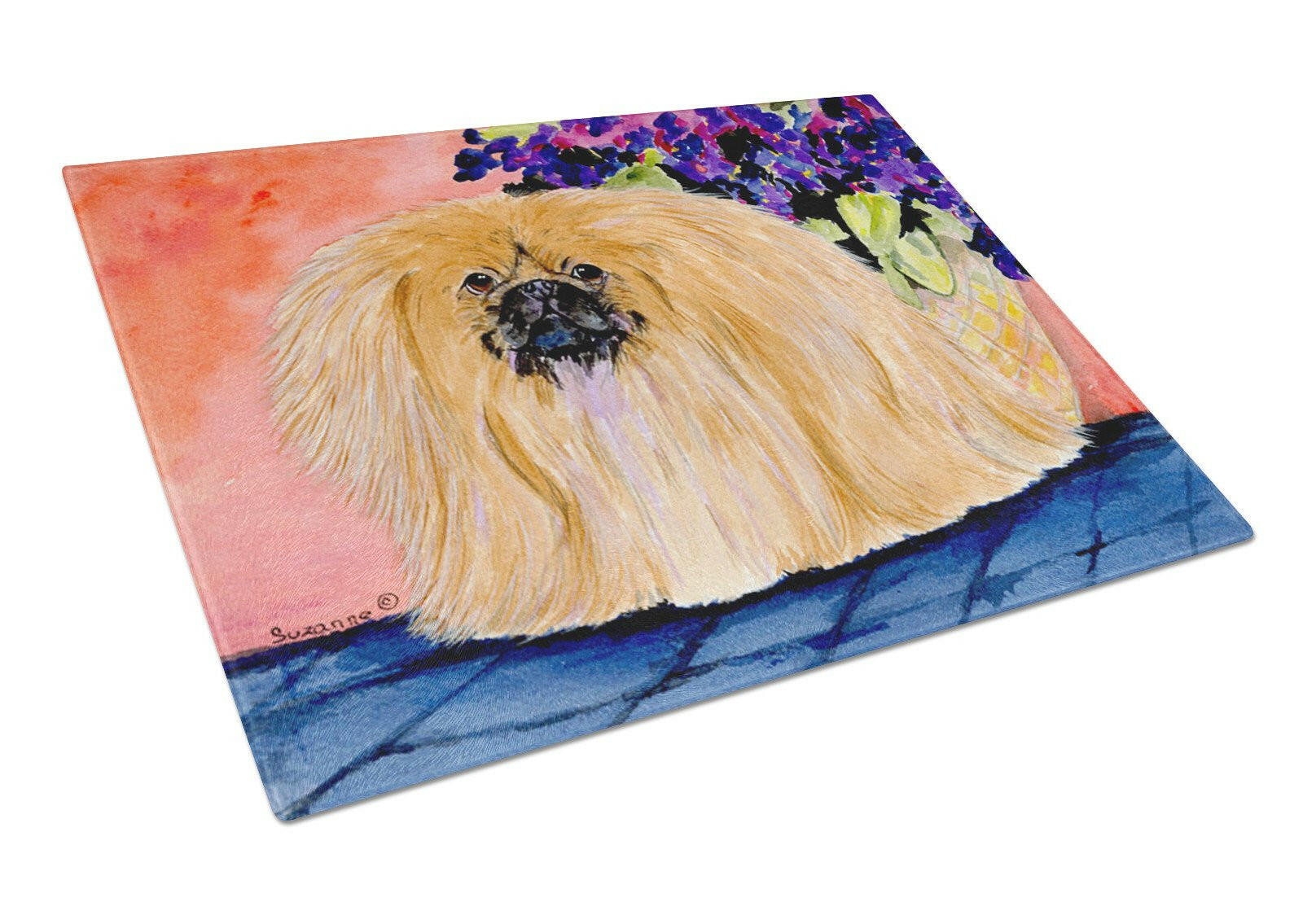 Pekingese Cutting Board Tempered Glass Kitchen Cutting Surface, Heat Resistant Chopping, Non-Slip Feet, Food Prep & Serving