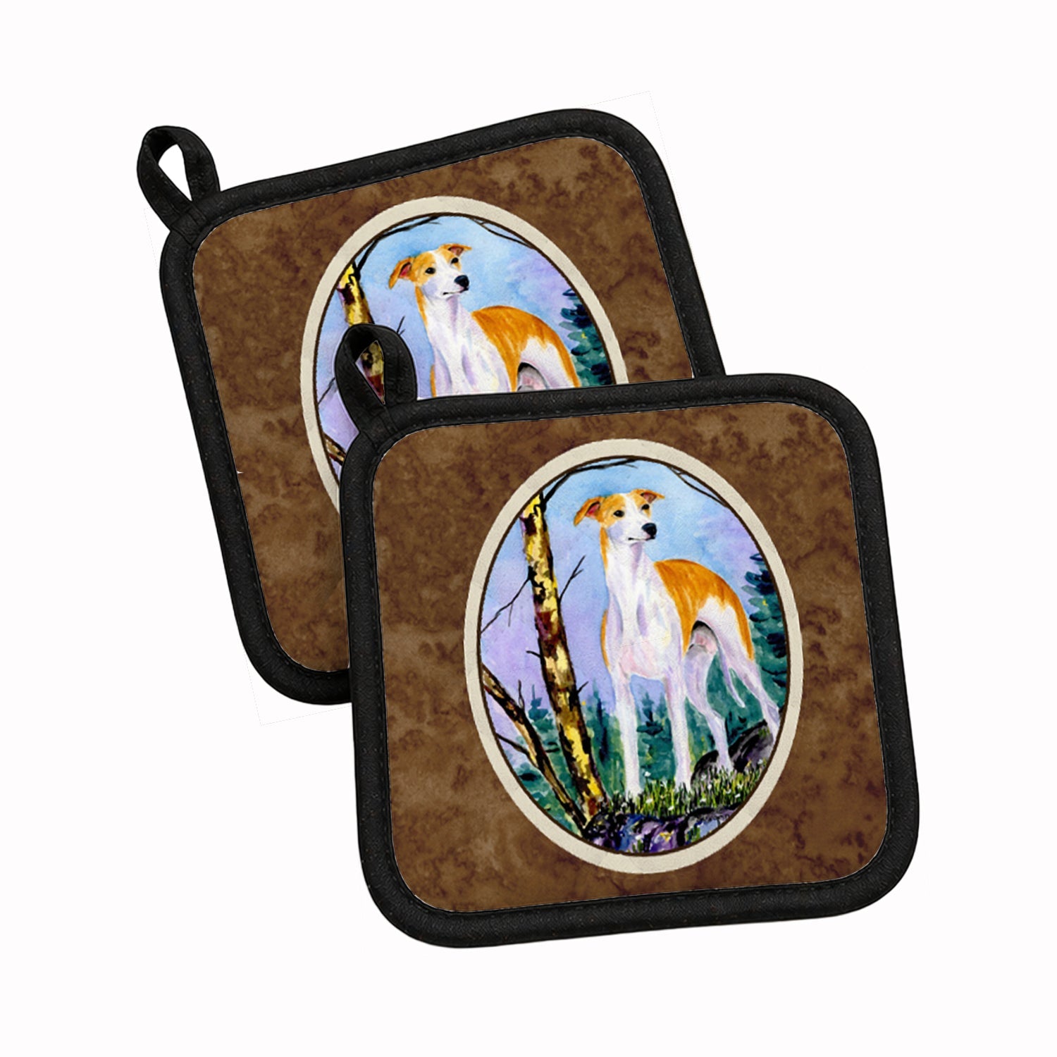 Whippet Pot Holder Set of 2 Heat Resistant Quilted Hot Pads 7.5 x 7.5 Inch, Insulated Kitchen Trivets for Cooking & Baking