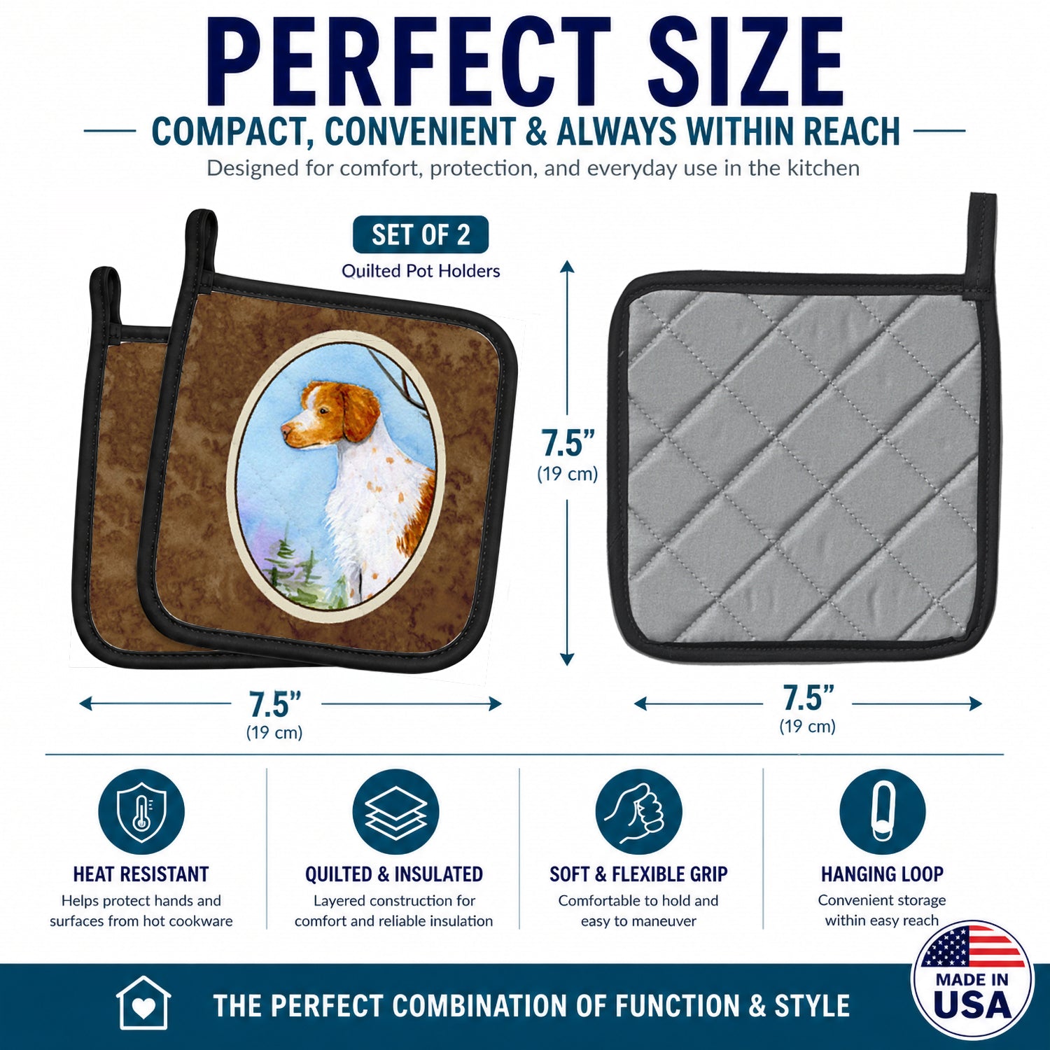 Setter Pot Holder Set of 2 Heat Resistant Quilted Hot Pads 7.5 x 7.5 Inch, Insulated Kitchen Trivets for Cooking & Baking