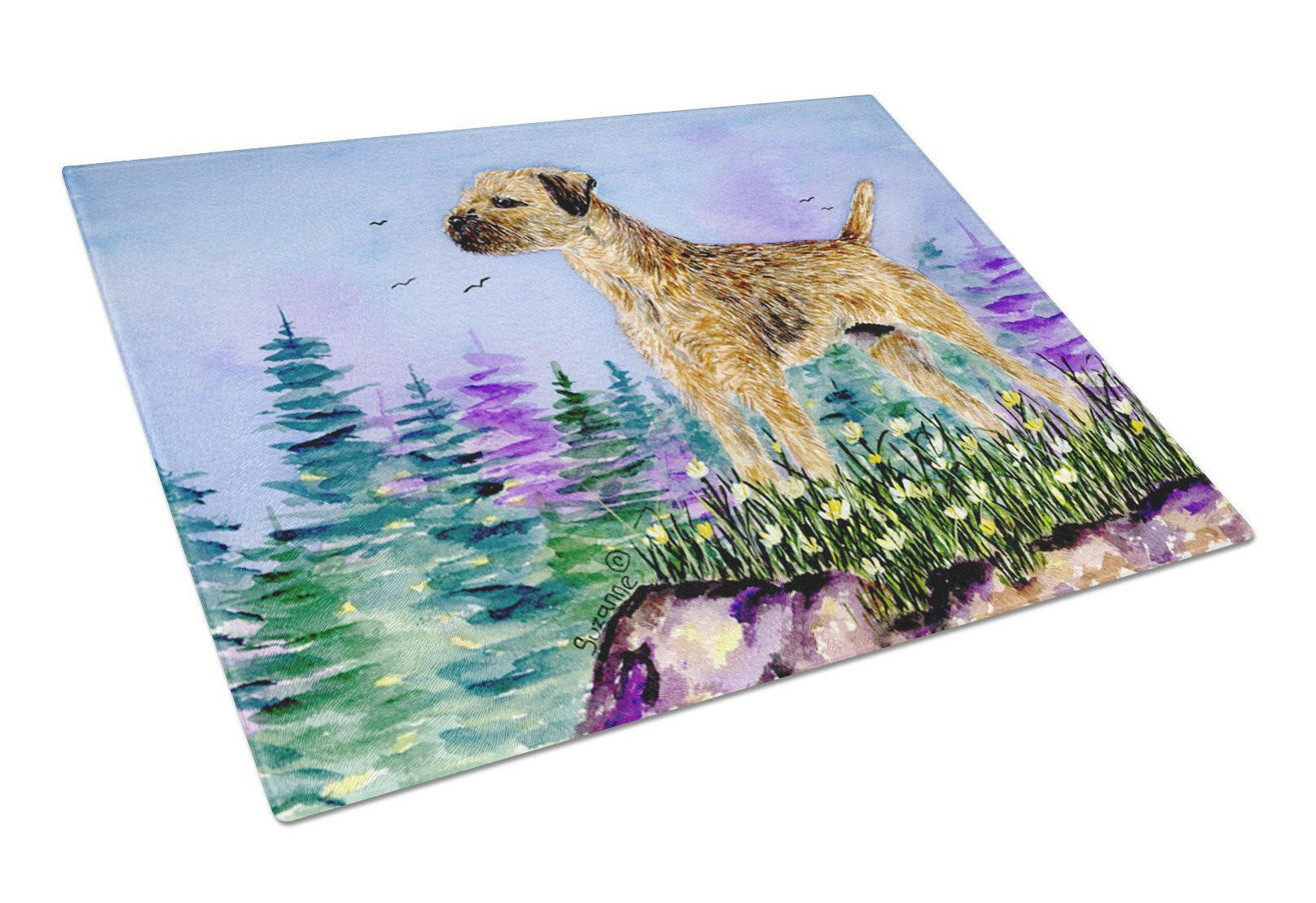 Border Terrier Cutting Board Tempered Glass Kitchen Cutting Surface, Heat Resistant Chopping, Non-Slip Feet, Food Prep & Serving