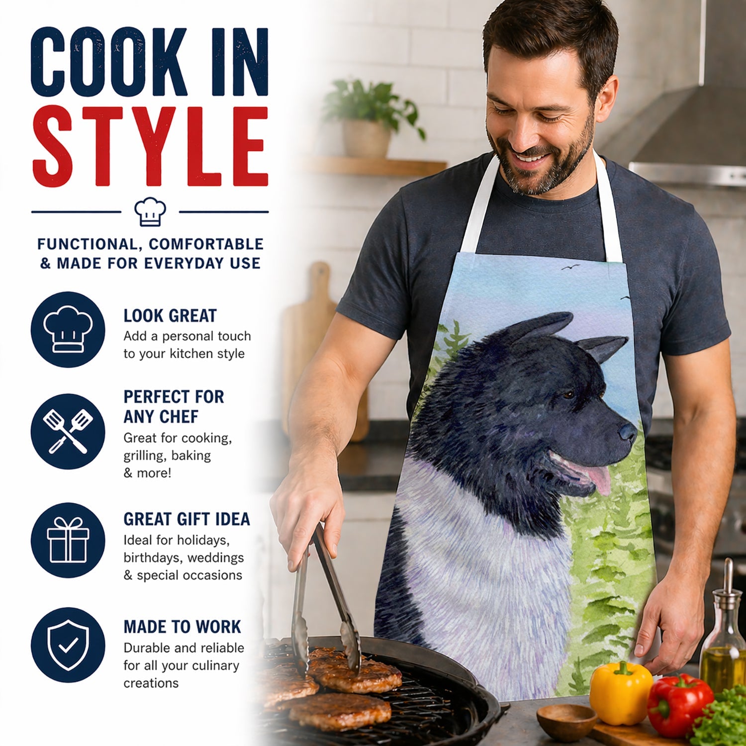 Akita Apron Cooking Kitchen Server Baking Crafts Gardening for Adult Women Men, Unisex, Large, Multicolor