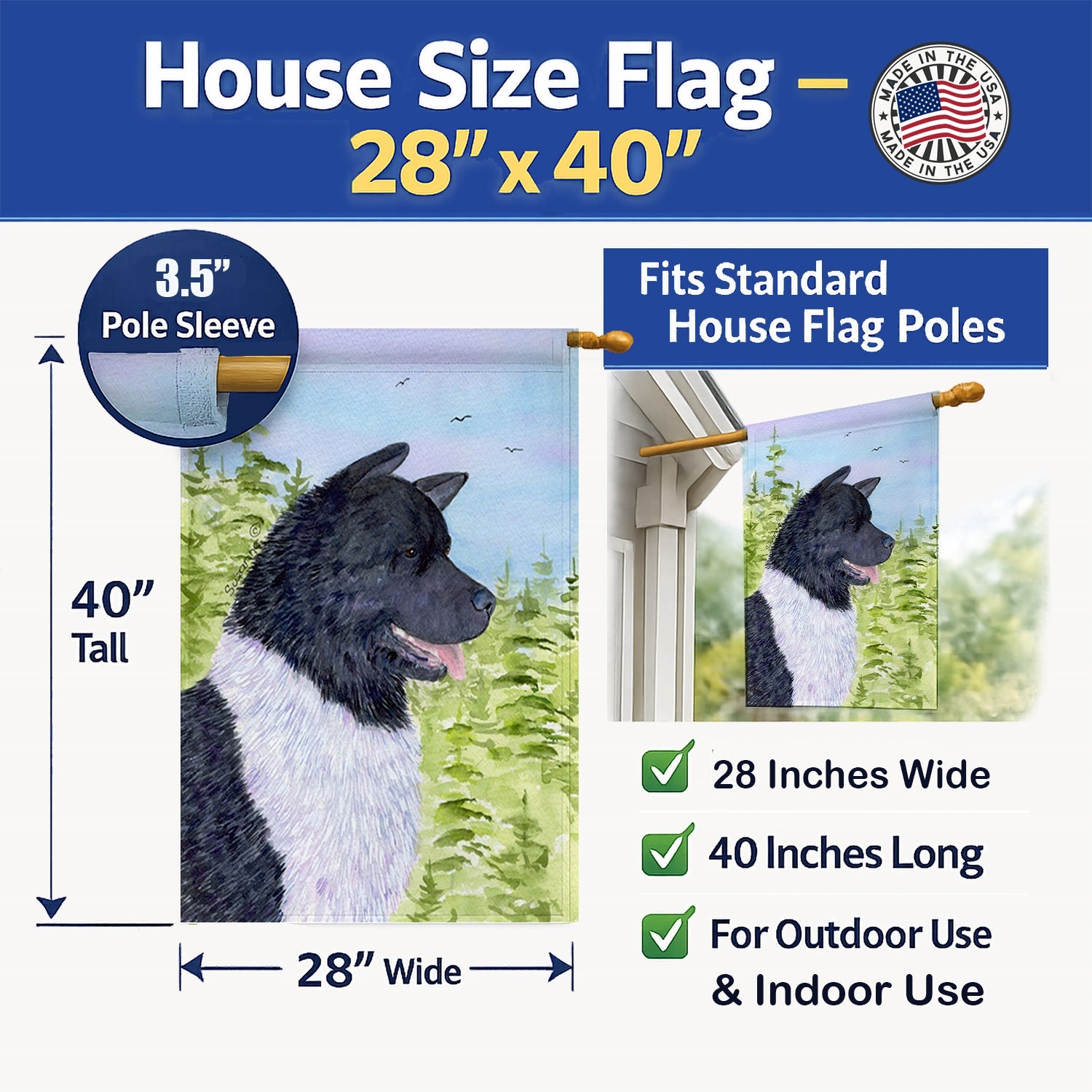 Akita House Flag 28x40 Porch Sleeve Pole Decorative Outside Yard Banner Artwork Wall Hanging, Polyester